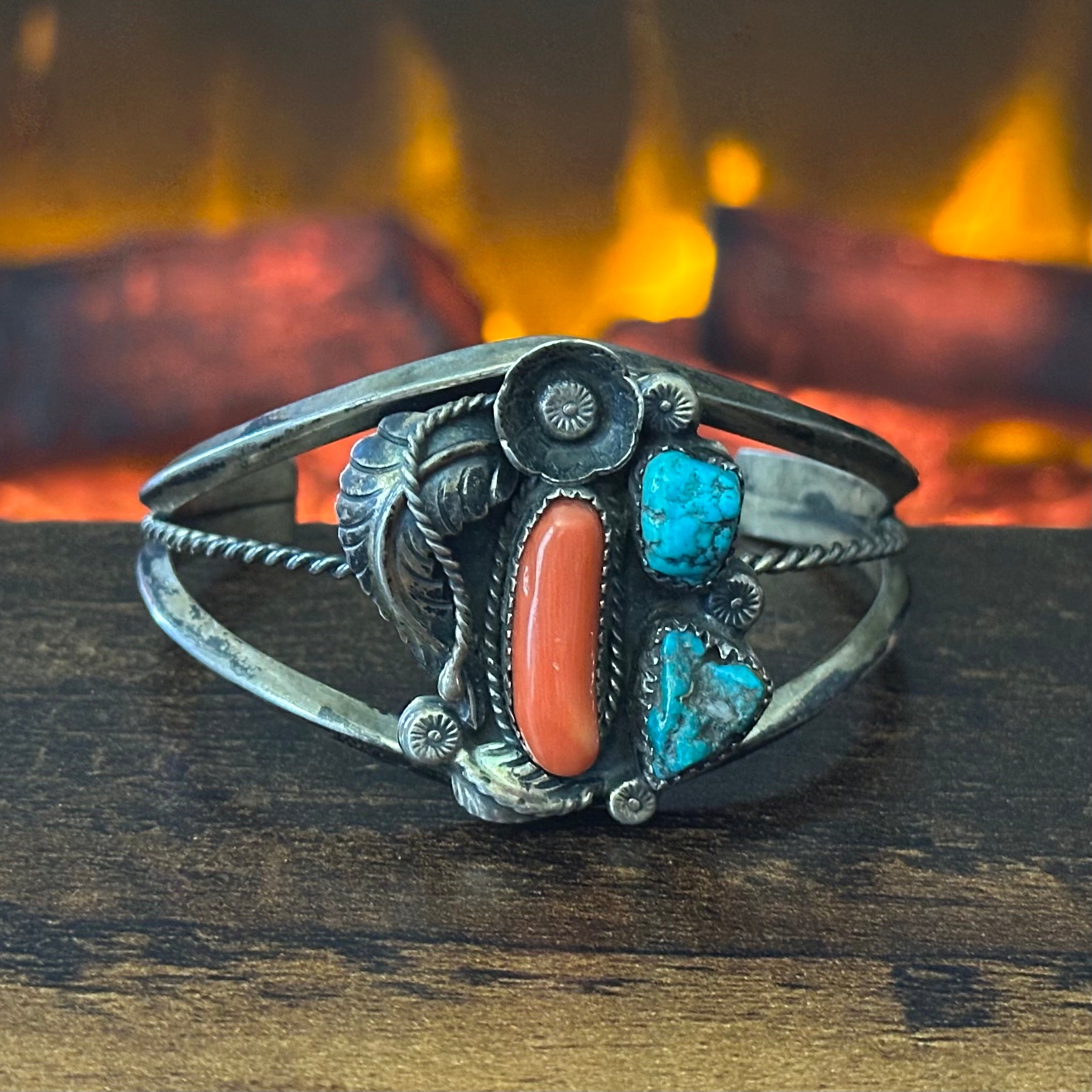 Vintage K Signed Turquoise Red Coral 3 Stone Sterling Twist Wire Floral Leaf Cuff