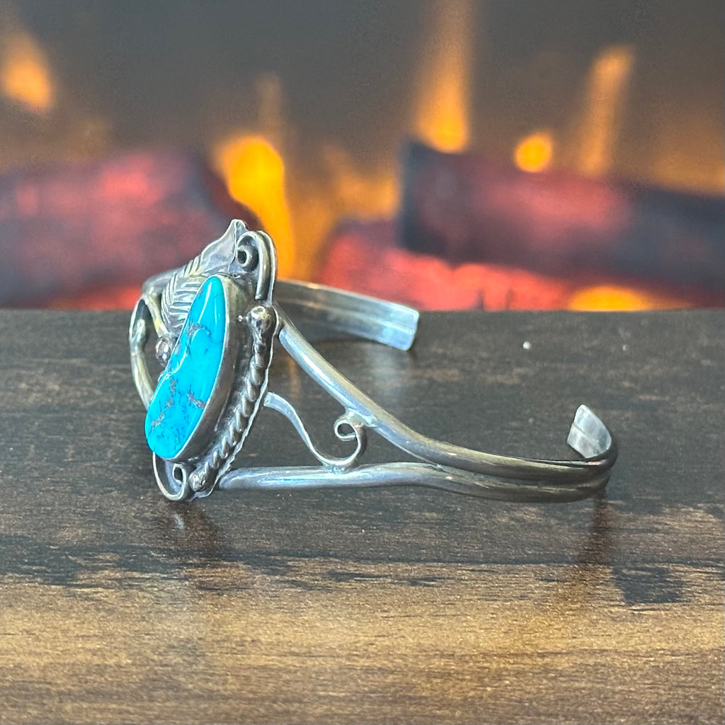 Navajo Delbert & J Clark Turquoise Sterling Twist Wire Raindrop Leaf Cuff