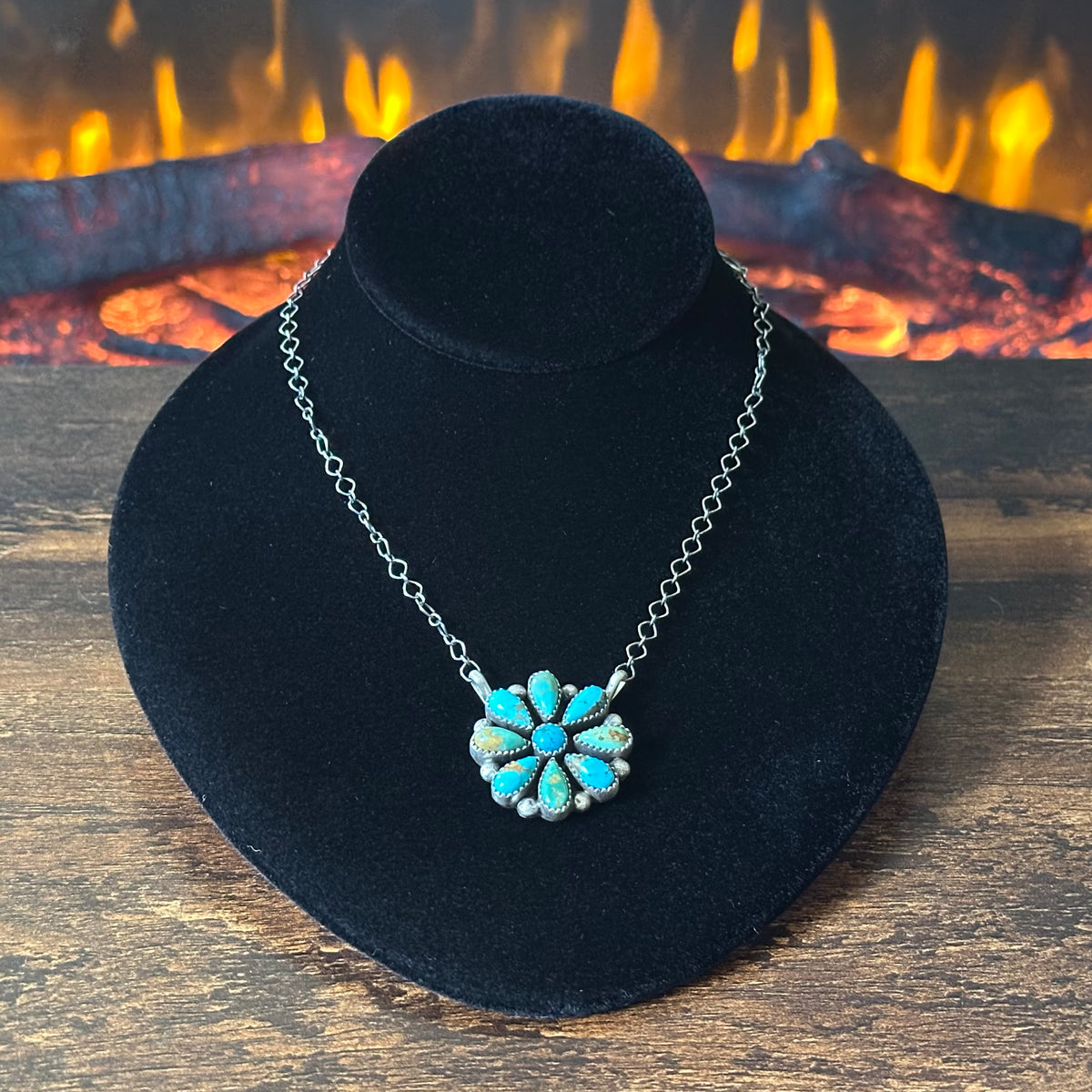 Navajo Judy Largo Turquoise 9 Stone Sterling Floral Cluster Pendant Necklace