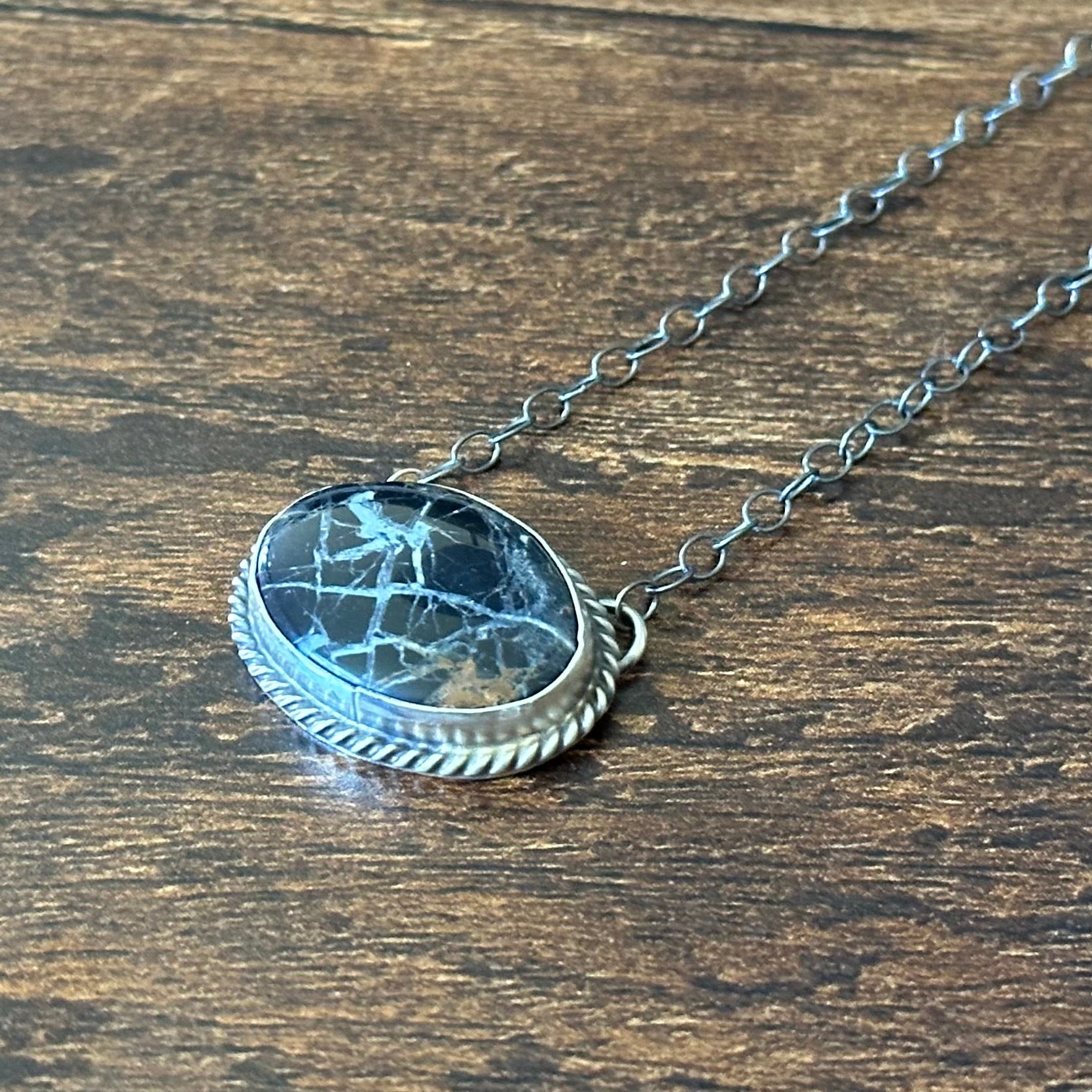 Navajo Hiram Largo White Buffalo Sterling Twist Wire Bezel Oval Pendant Necklace