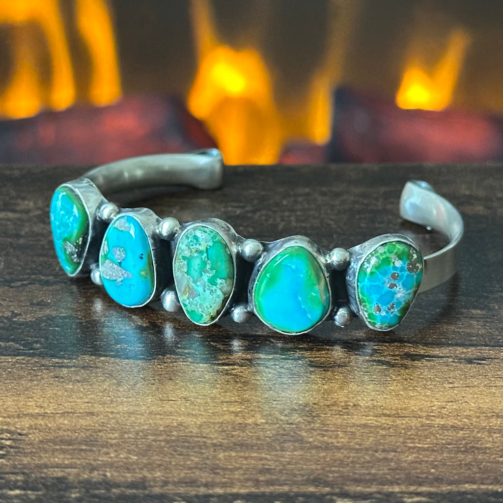Navajo Darrell Morgan Sonoran Gold Turquoise 5 Stone Sterling Raindrop Cuff