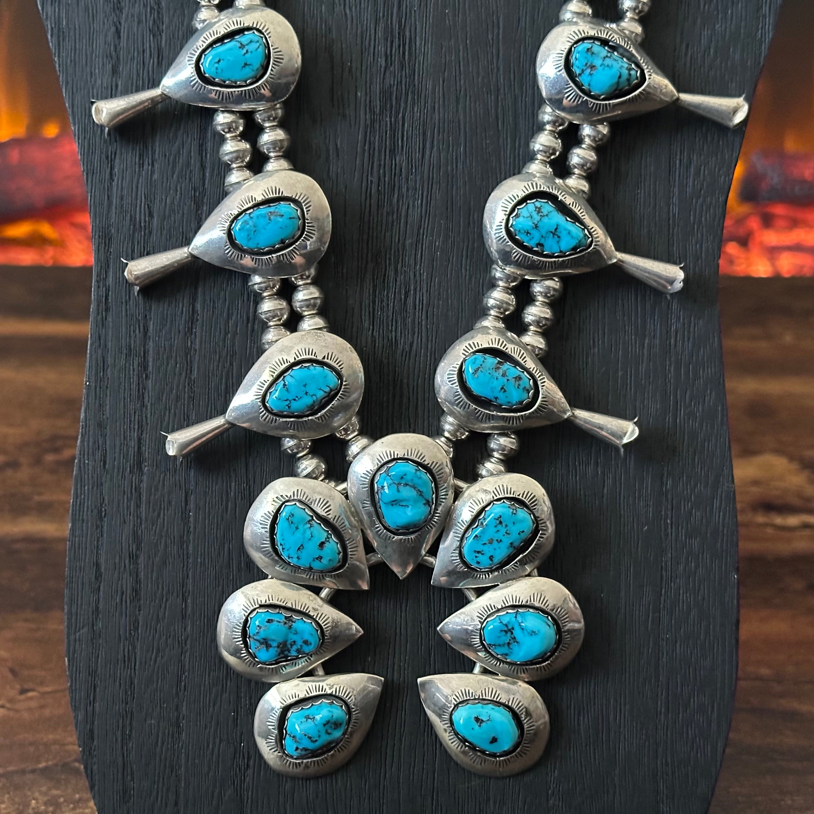 Turquoise 17 Stone Sterling Shadowbox Hand Stamped Squash Blossom