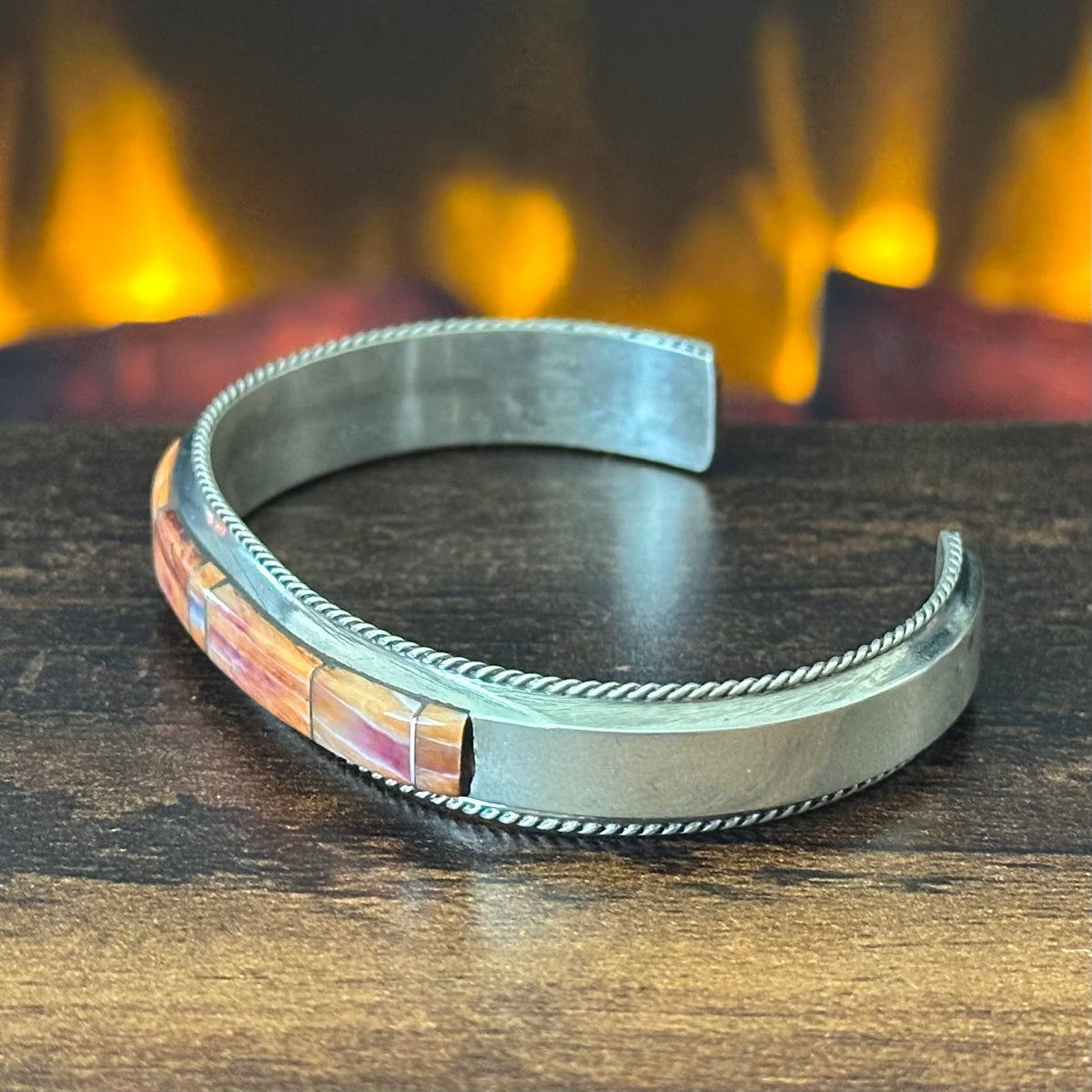 Navajo Francis Yazzie Orange Spiny Oyster Sterling Twist Wire Inlay Stacker Cuff