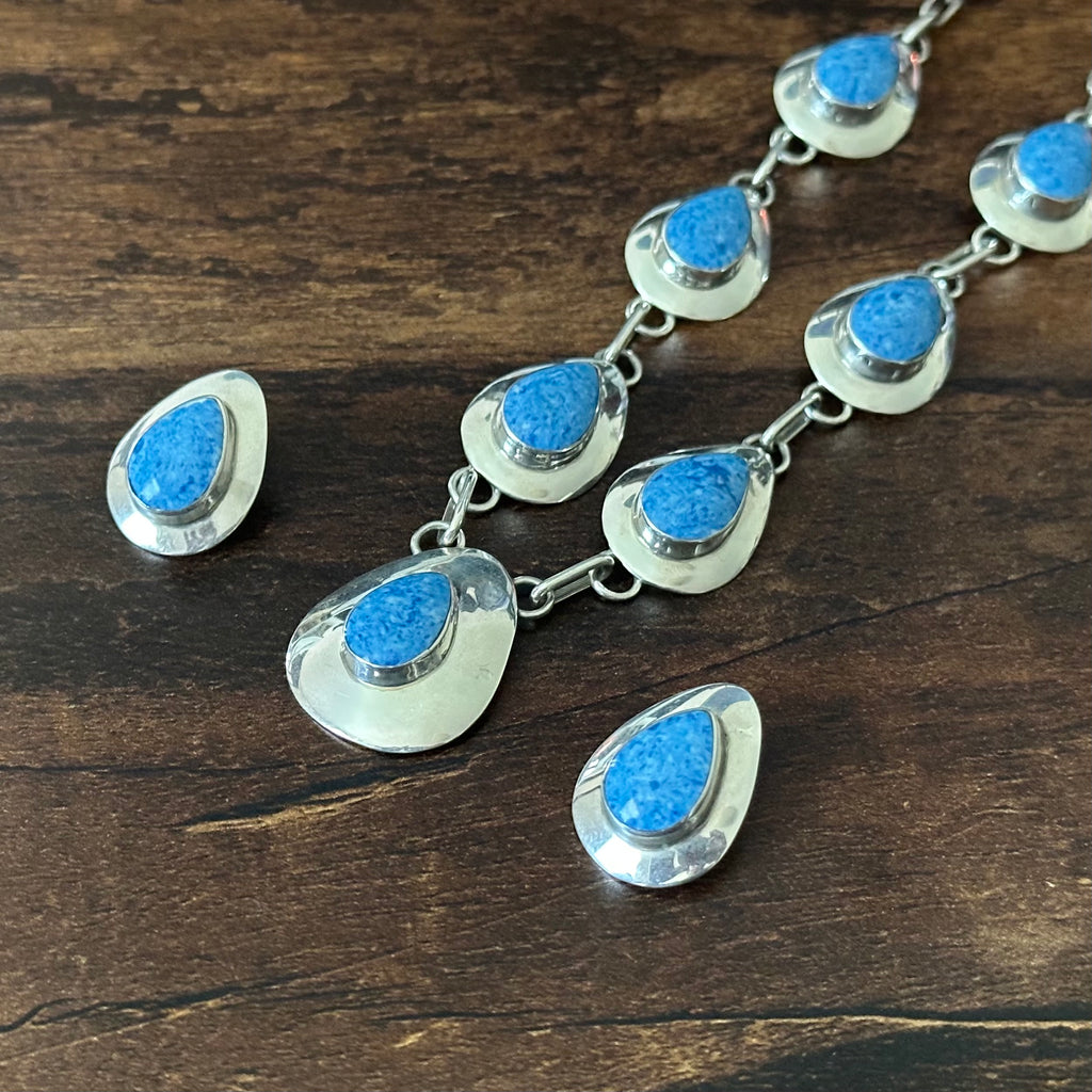 C Signed Sodalite 7 Stone Sterling Teardrop Station Necklace Earrings Set