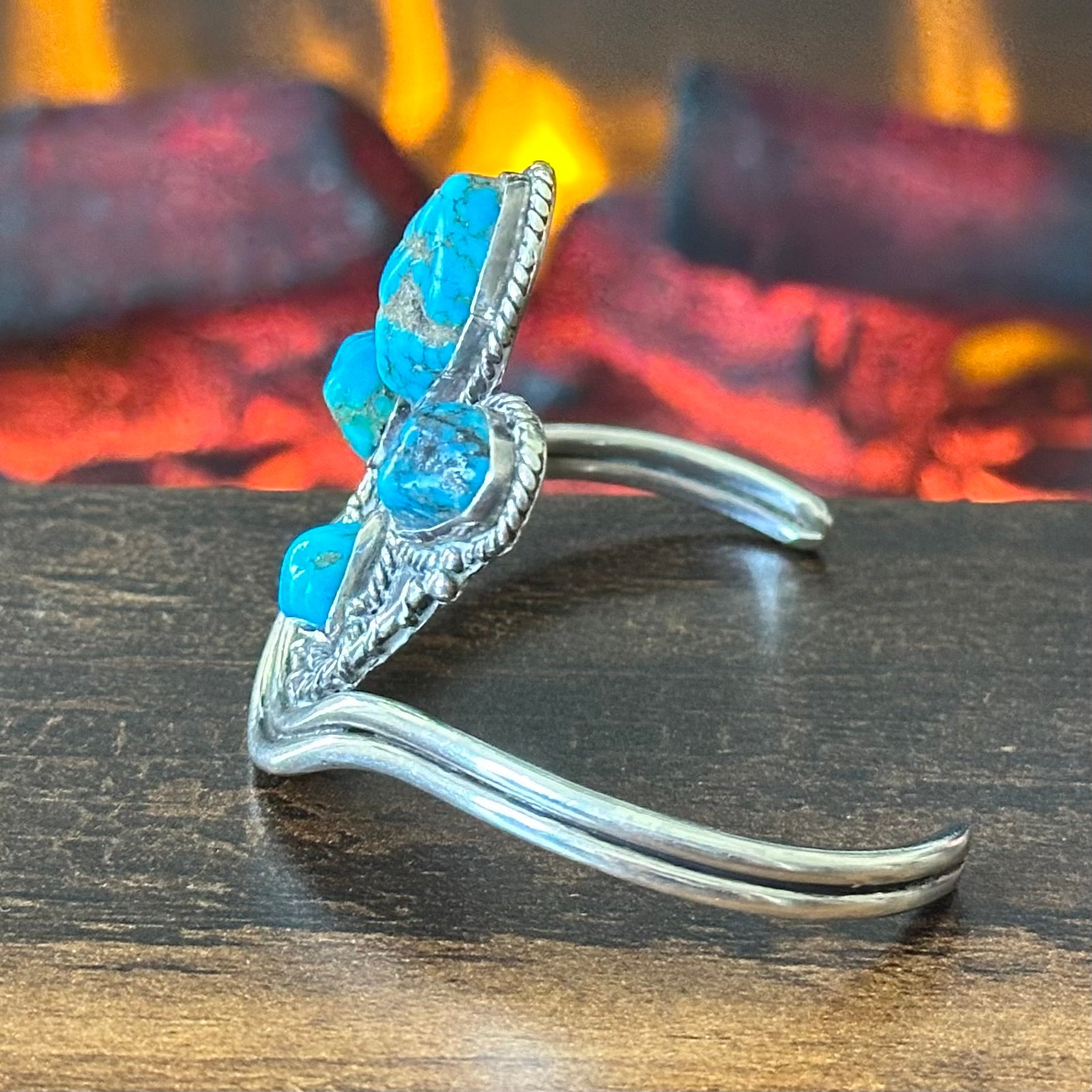 Pictogram Signed 4 Stone Turquoise Sterling Twist Wire Abstract Cuff