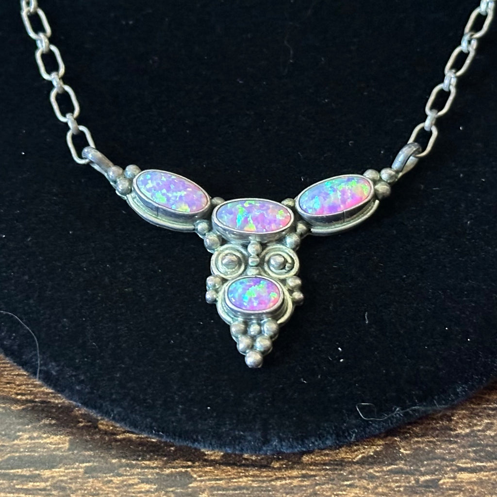 Running Bear Trading Pink Opal 4 Stone Sterling Raindrop Pendant Necklace