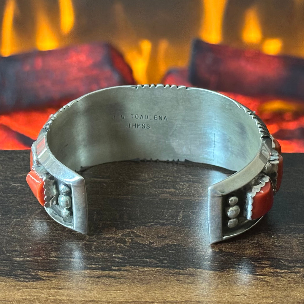 Navajo JW Toadlena Red Coral 11 Stone Sterling Raindrop Statement Cuff