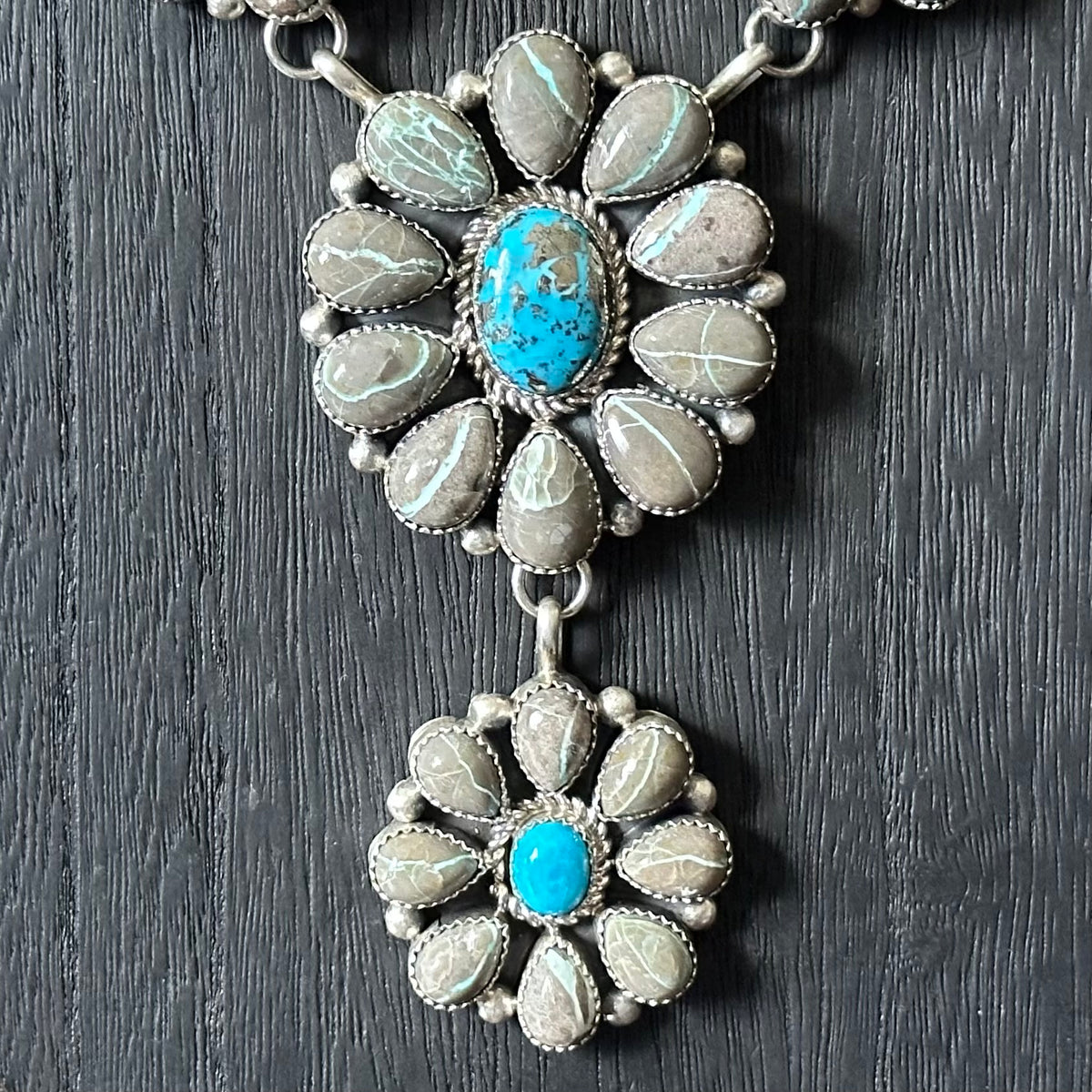 Navajo Pansy Johnson Carico Lake Ribbon & Persian Turquoise 74 Stone Sterling Cluster Statement Necklace Earrings Set