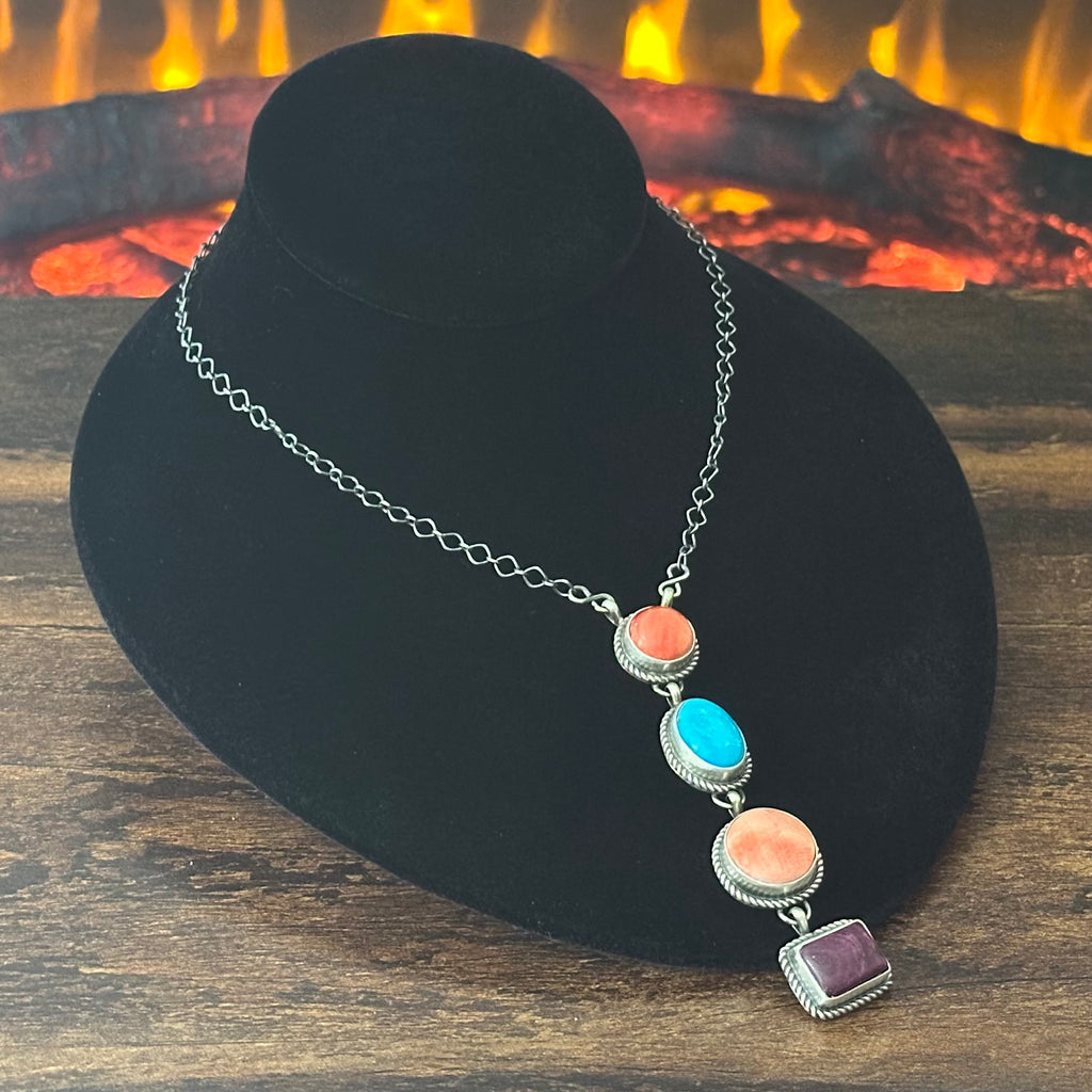 Navajo Hiram Largo Turquoise Spiny Oyster 4 Stone Sterling Lariat Necklace