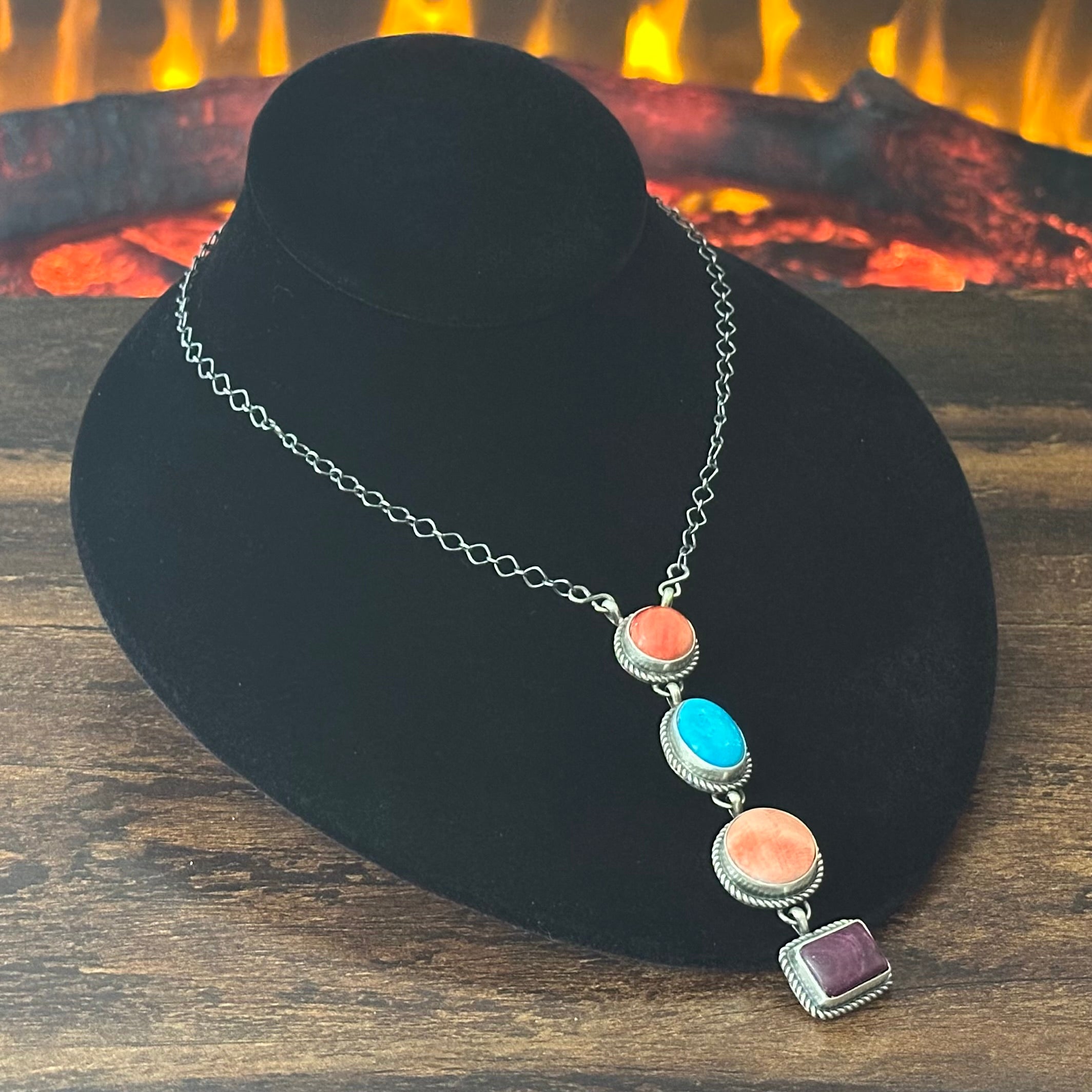 Navajo Hiram Largo Turquoise Spiny Oyster 4 Stone Sterling Lariat Necklace