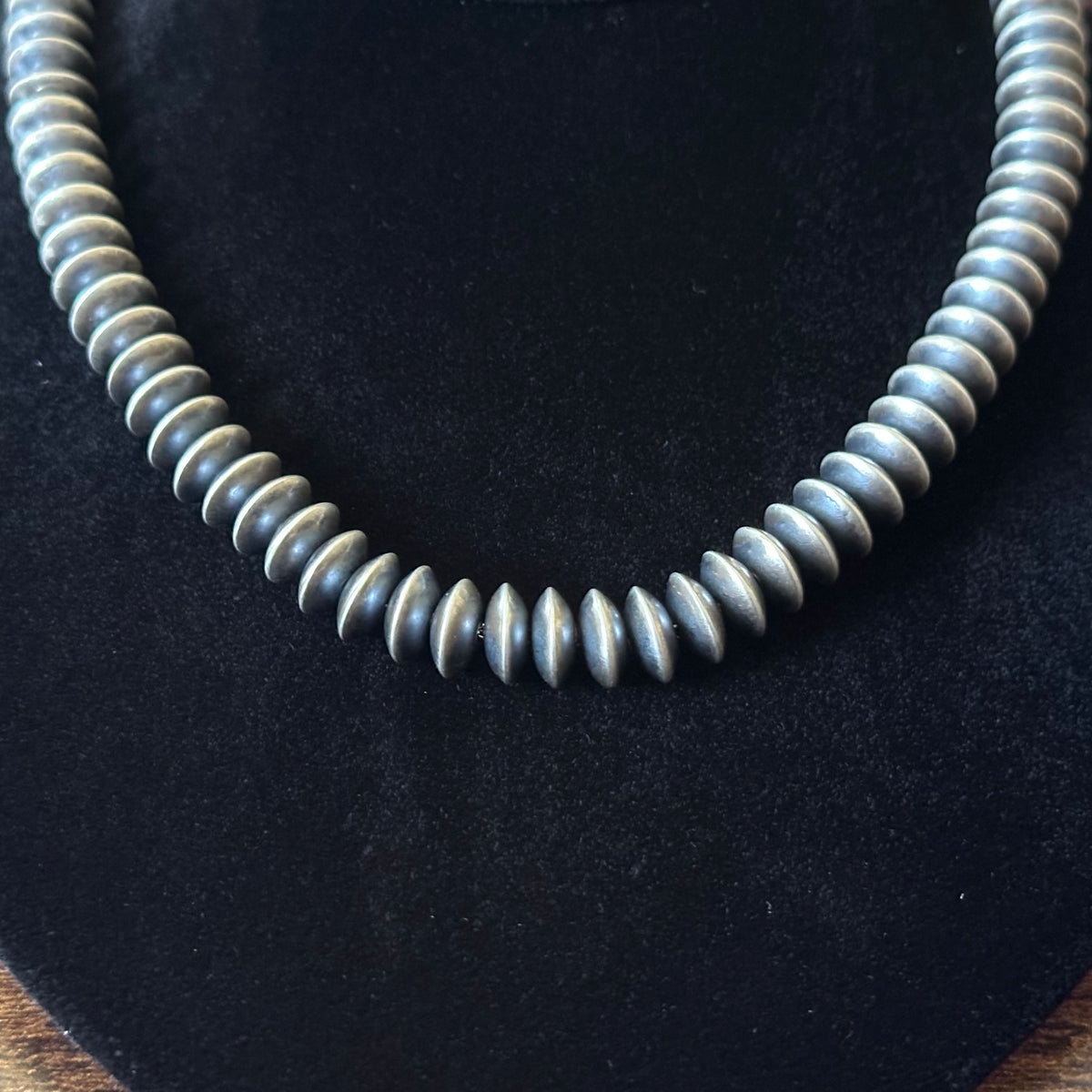 Navajo Bryannen Halwood Handmade Sterling Oxidized Saucer Bead Necklace