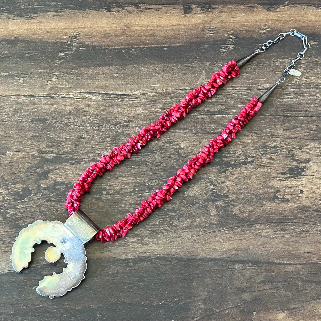 Running Bear Trading Turquoise Red Coral 20 Stone Sterling Triple Strand Hand Stamped Naja Pendant Necklace