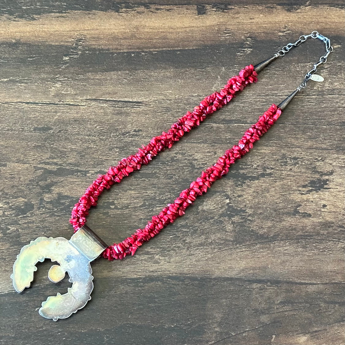 Running Bear Trading Turquoise Red Coral 20 Stone Sterling Triple Strand Hand Stamped Naja Pendant Necklace