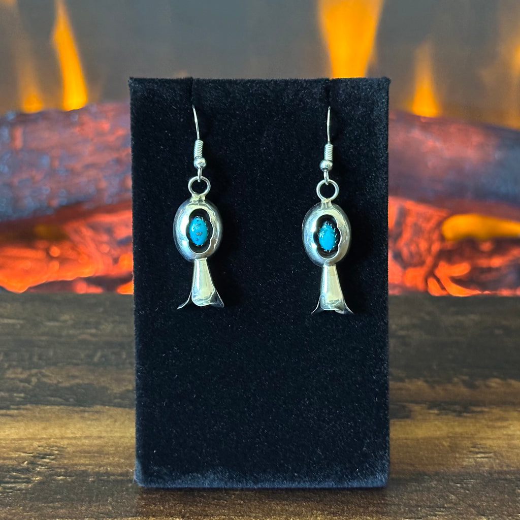 Navajo Marie Kirlie Turquoise 19 Stone Sterling 10mm Handmade Bead Shadowbox Squash Blossom Earrings Set