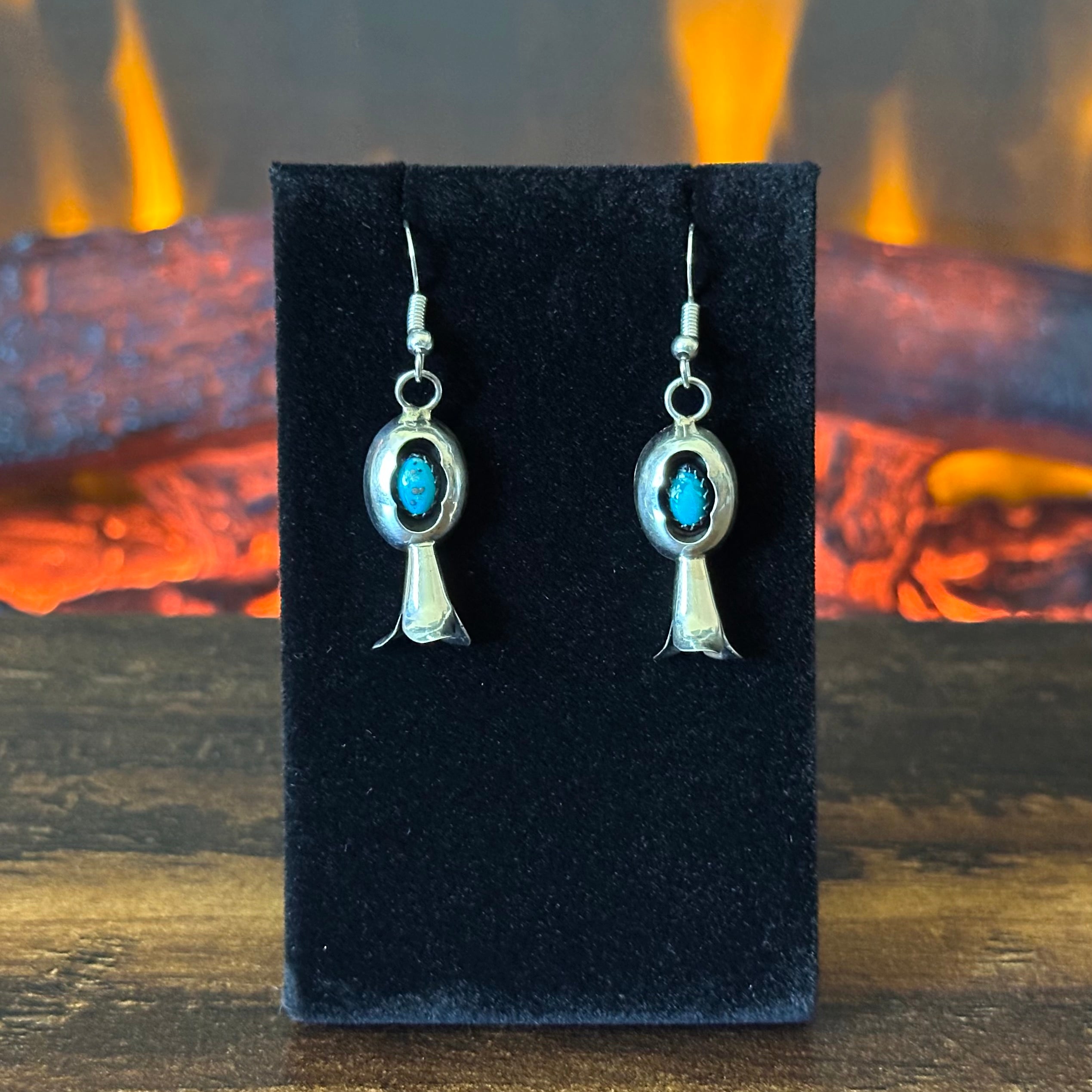 Navajo Marie Kirlie Turquoise 19 Stone Sterling 10mm Handmade Bead Shadowbox Squash Blossom Earrings Set