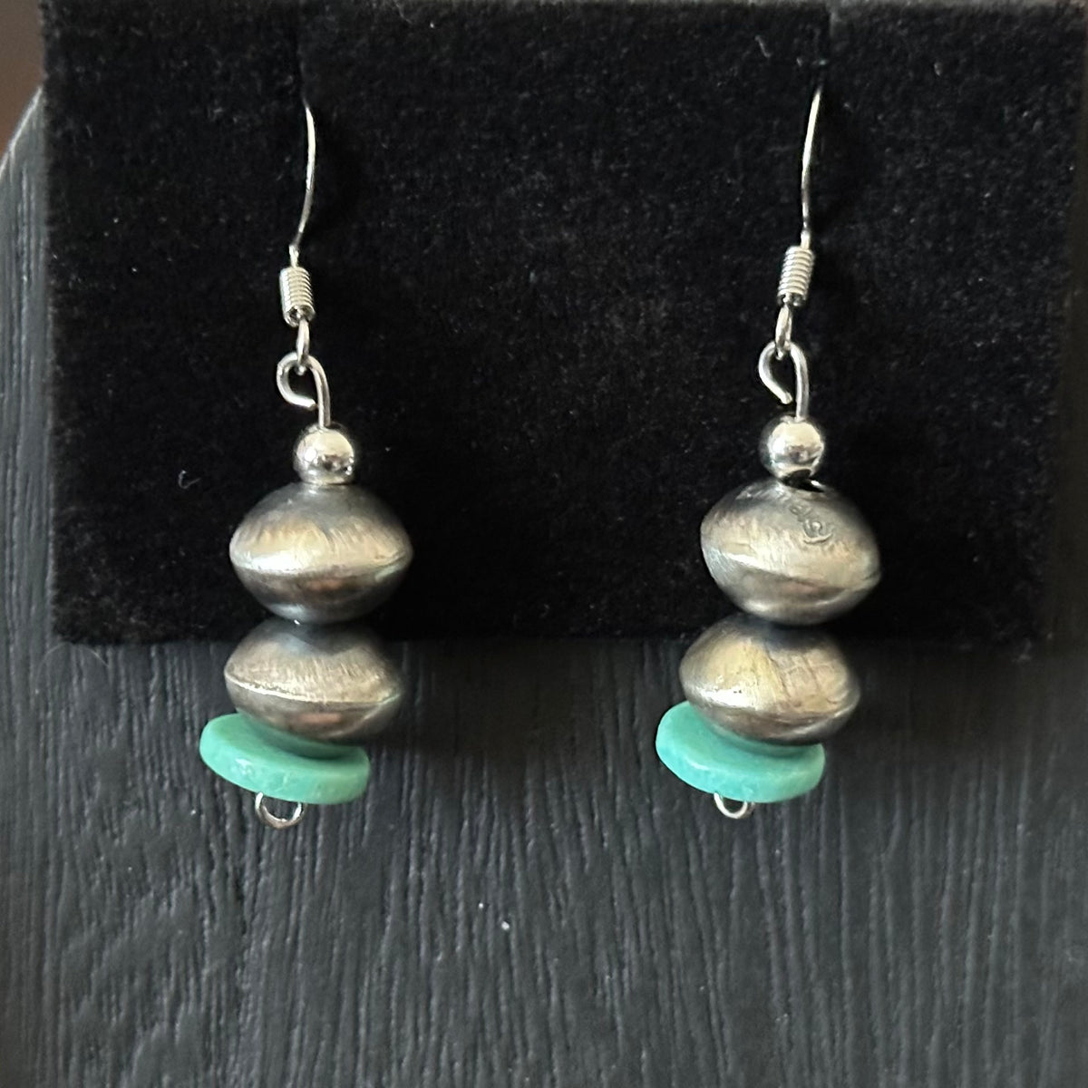 Navajo Tysha Aparicio Turquoise Sterling Handmade Rectangular Bead Stamped Necklace Earrings Set