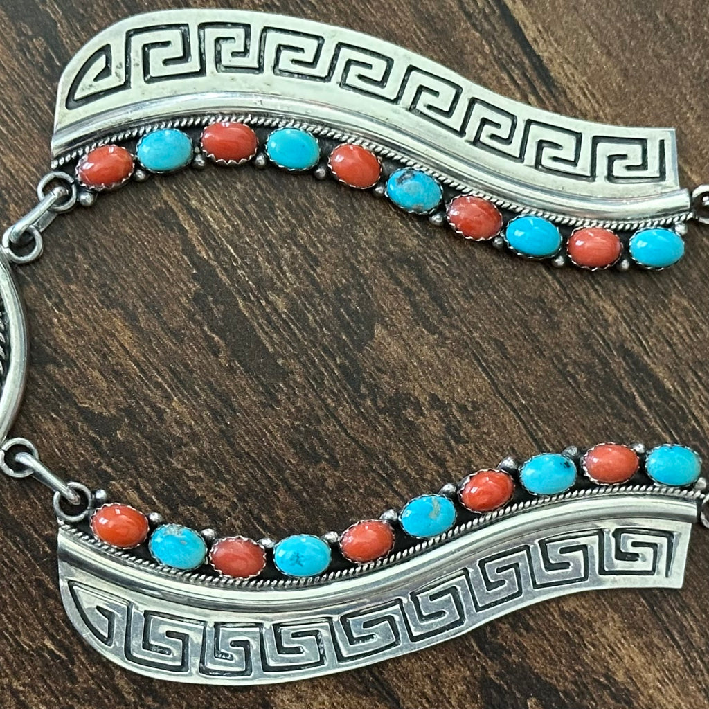 Navajo E. Etsitty Turquoise Red Coral 42 Stone Sterling Floral Cluster Statement Necklace