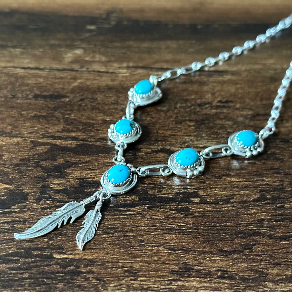 Navajo Verley Betone Turquoise 5 Stone Sterling Feather Necklace