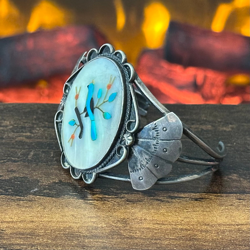 Vintage BB Signed Mother of Pearl Turquoise Sterling Blue Bird Inlay Statement Cuff