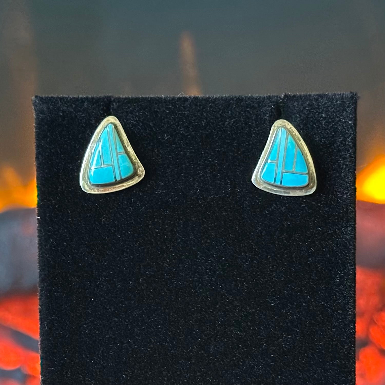 KK Signed Turquoise Sterling Triangular Inlay Stud Earrings