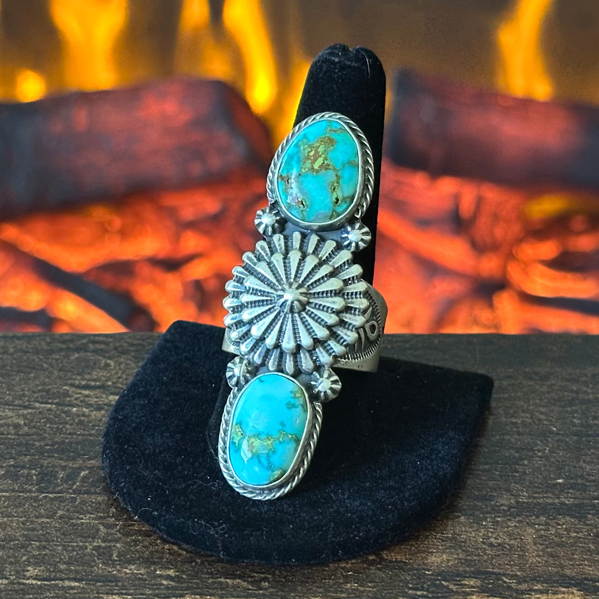 Navajo Samuel Yellowhorse Sonoran Gold Turquoise Sterling Hand Stamped Concho Ring