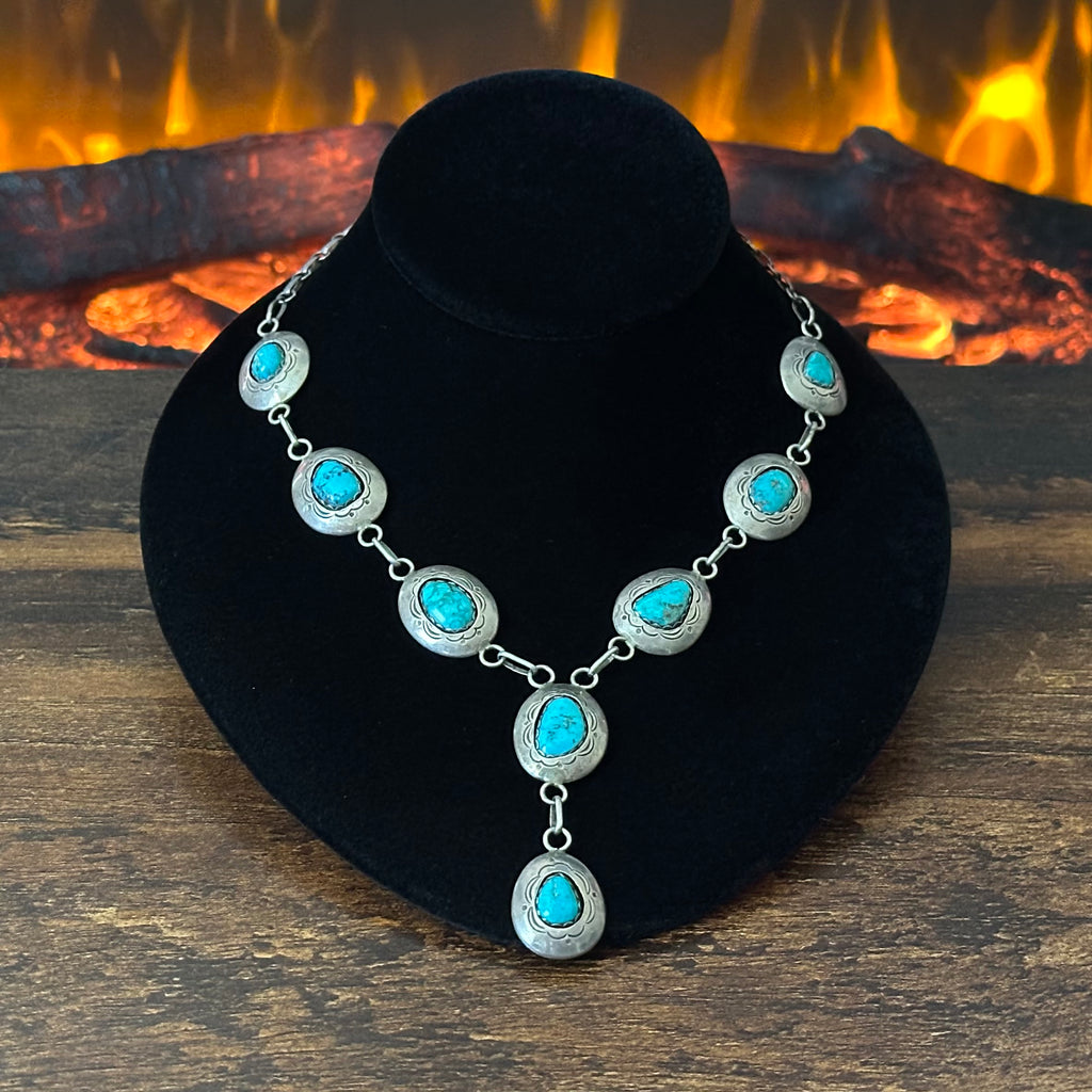 Navajo Jefferson James Turquoise 8 Stone Sterling Hand Stamped Shadowbox Lariat Necklace