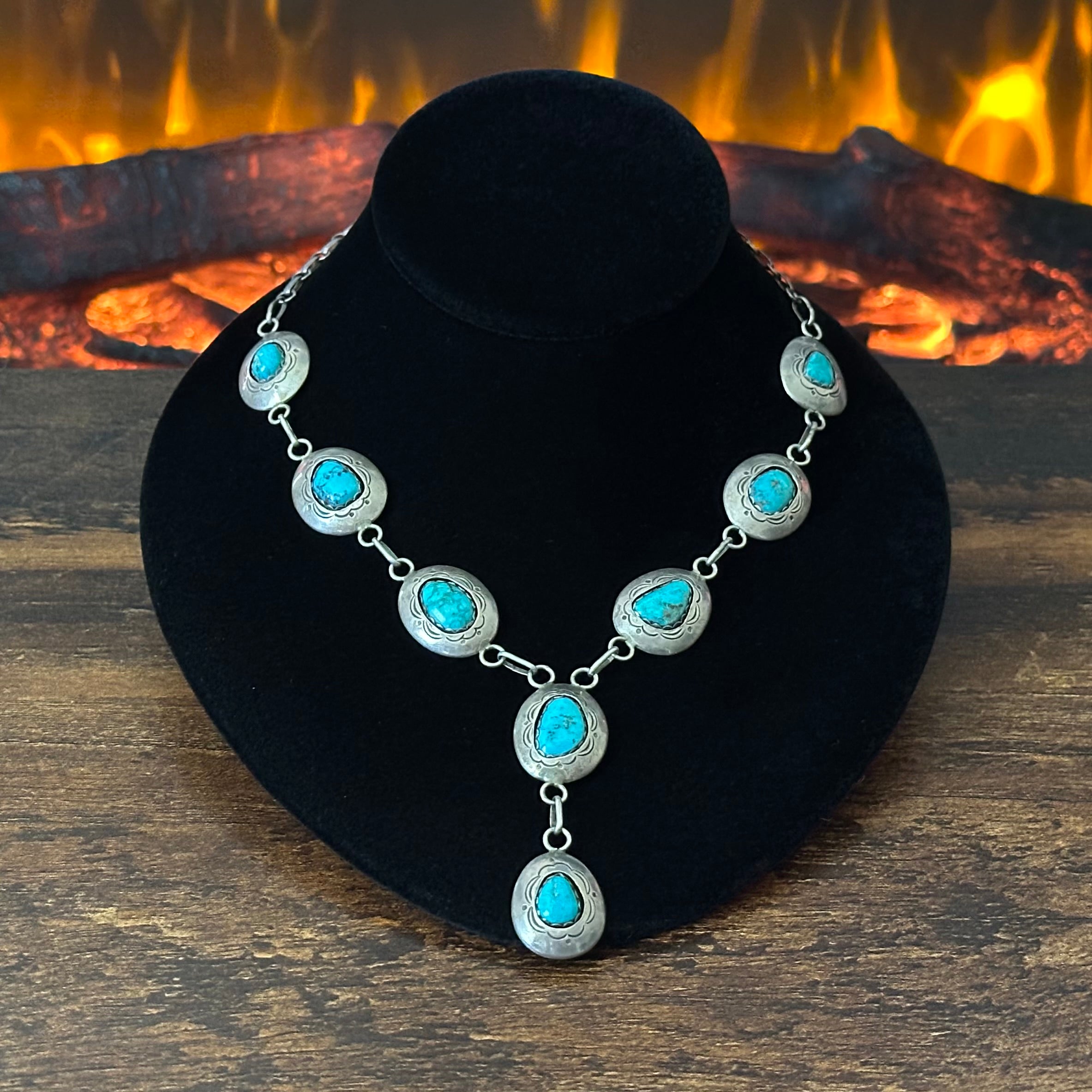 Navajo Jefferson James Turquoise 8 Stone Sterling Hand Stamped Shadowbox Lariat Necklace