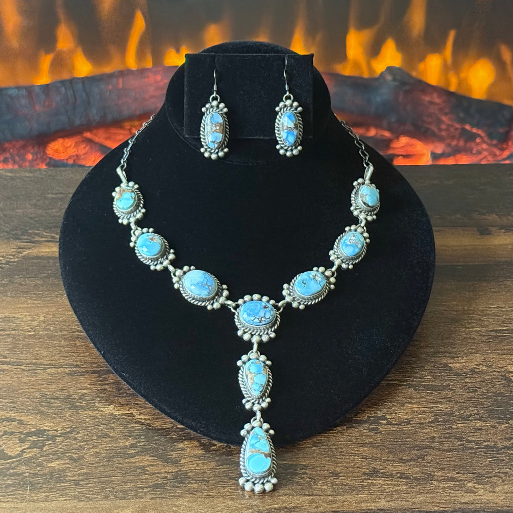 Navajo Mary Ann Spencer Golden Hills Turquoise 9 Stone Sterling Raindrop Lariat Necklace Earrings Set