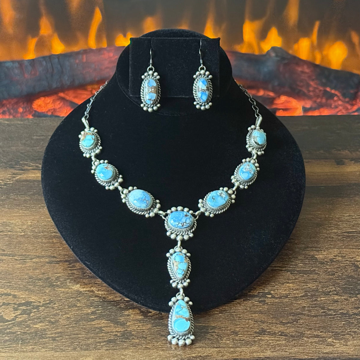 Navajo Mary Ann Spencer Golden Hills Turquoise 9 Stone Sterling Raindrop Lariat Necklace Earrings Set