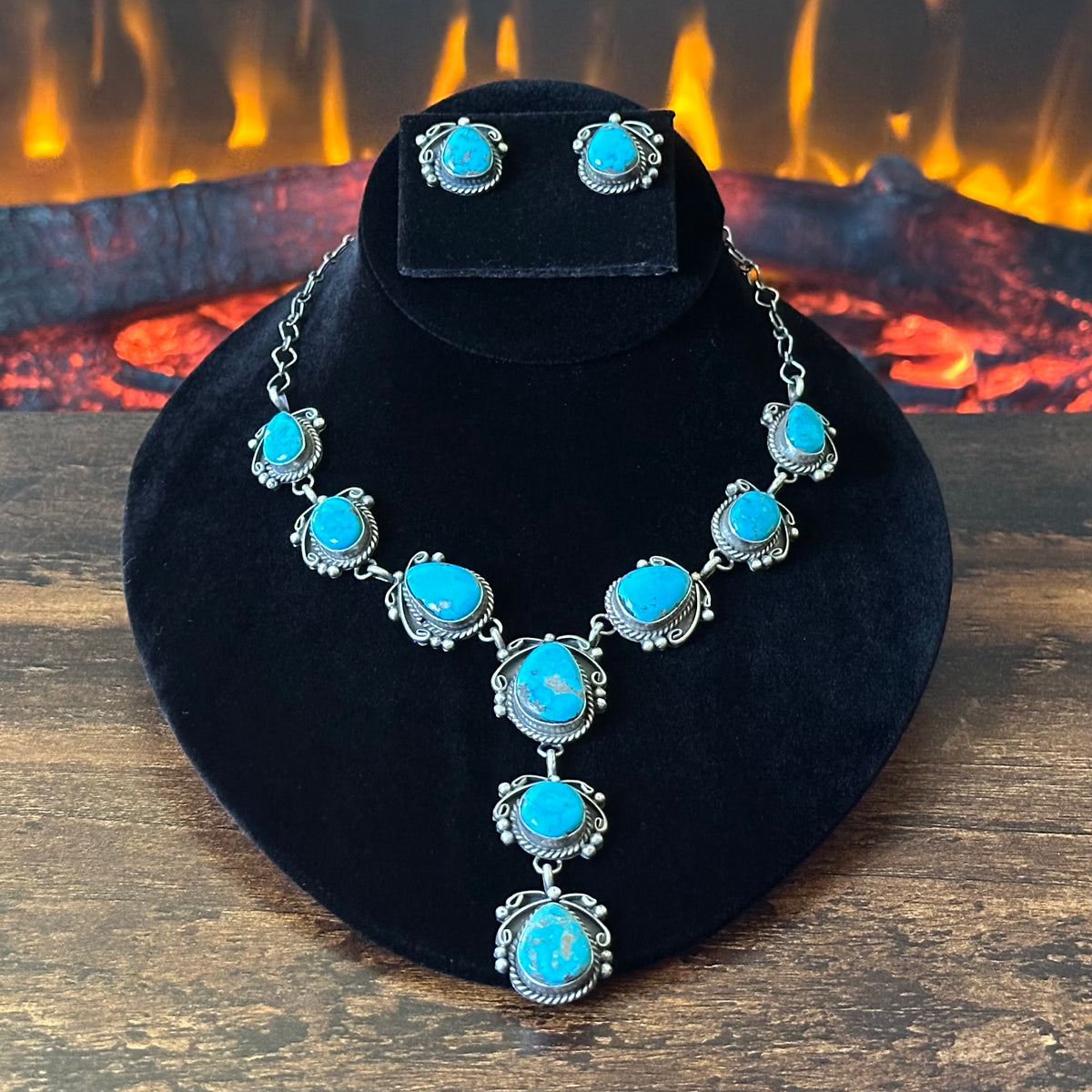 Navajo Freda Martinez 9 Stone Kingman Turquoise Sterling Twist Wire Raindrop Lariat Necklace Earrings Set