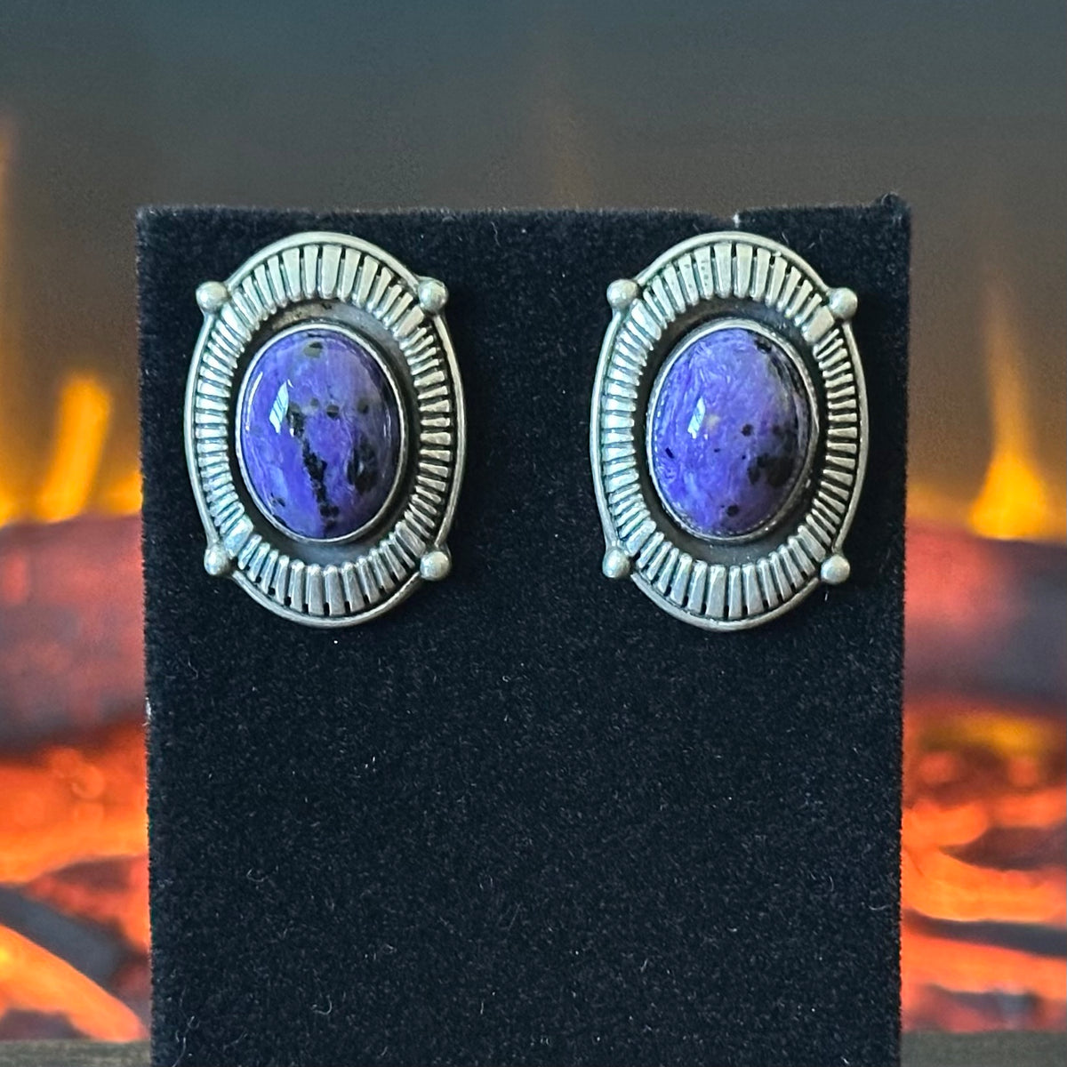 Charoite Sterling Shadowbox Raindrop Stud Earrings
