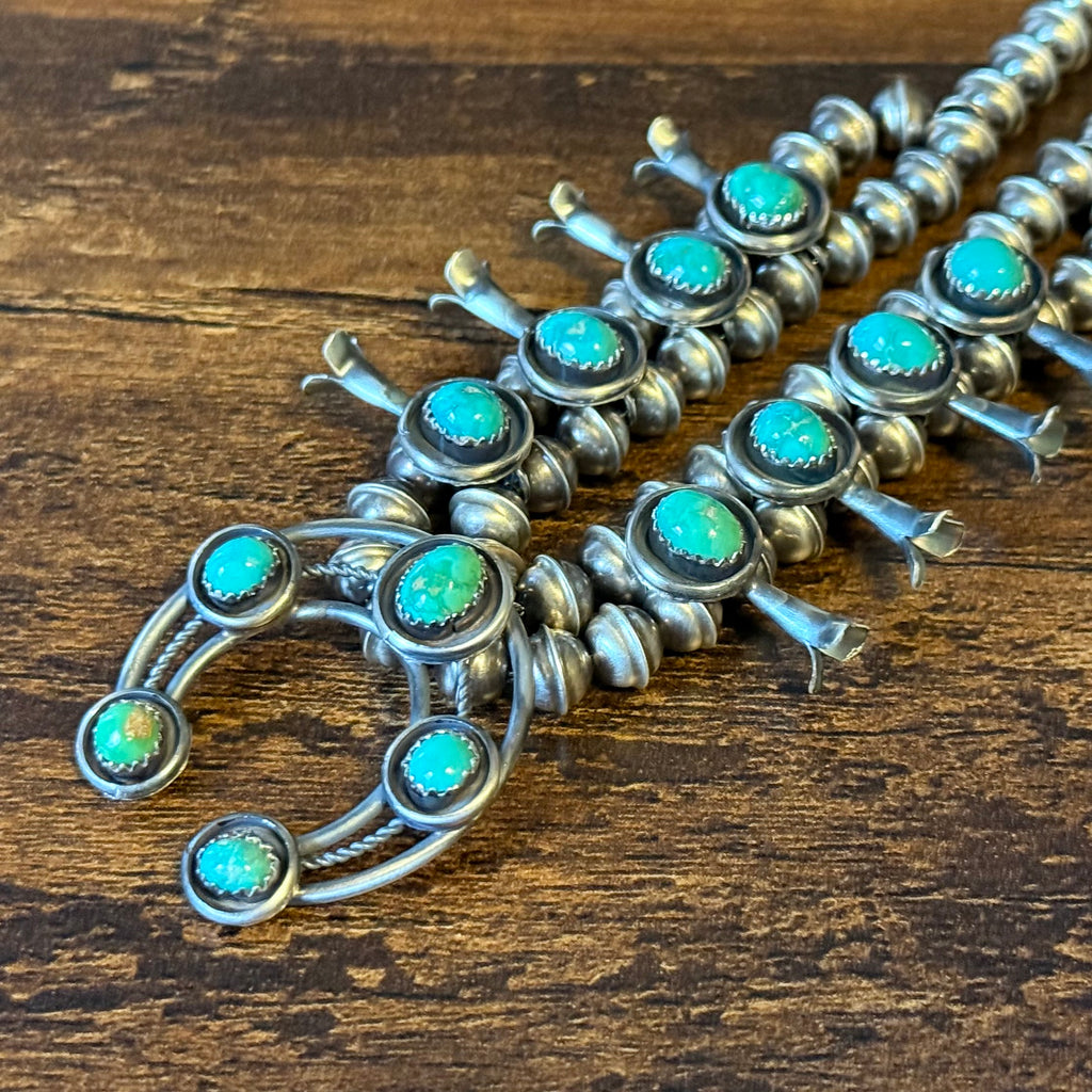 Navajo Phil & Lenora Garcia Sonoran Gold Turquoise 13 Stone Oxidized Sterling Squash Blossom Earrings Set