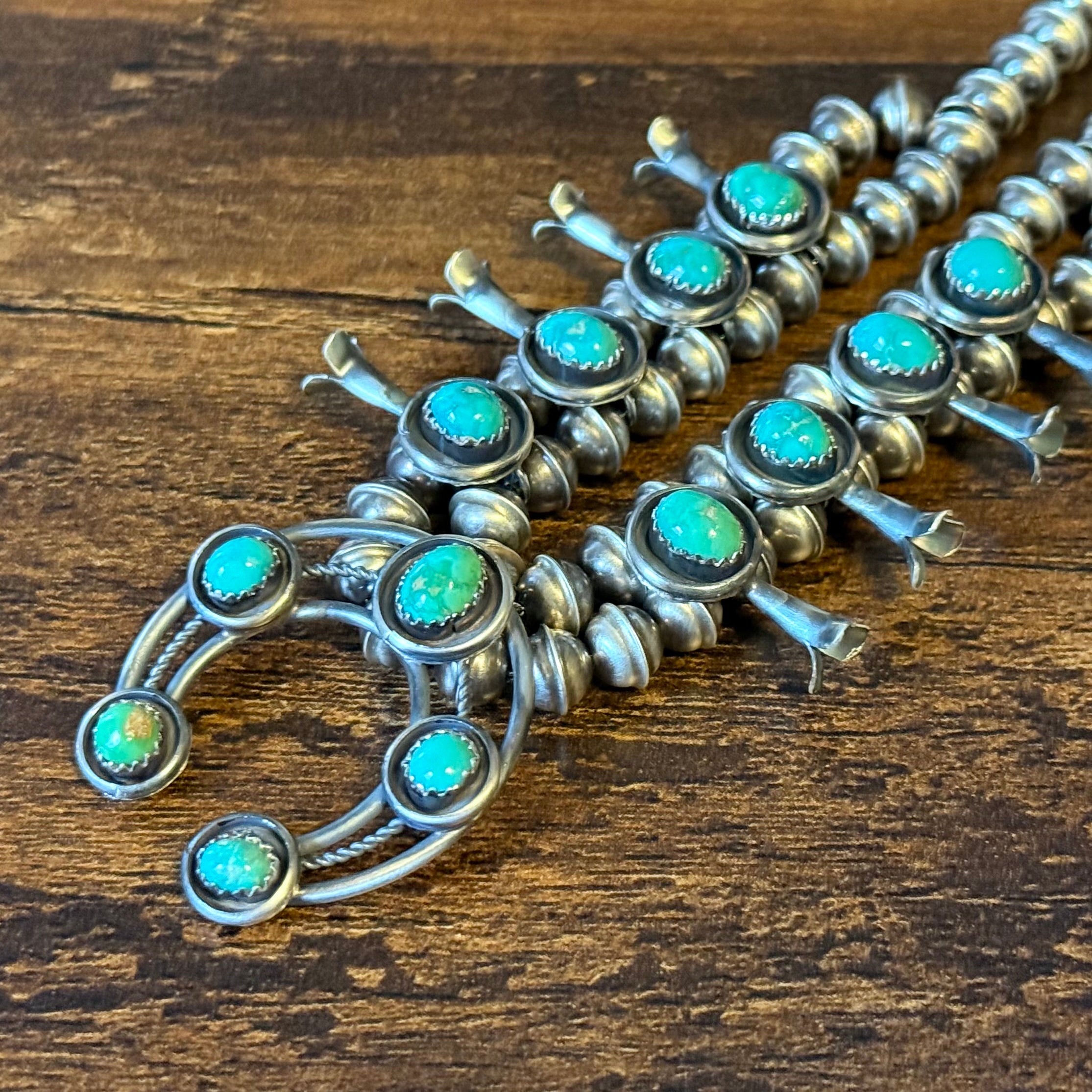 Navajo Phil & Lenora Garcia Sonoran Gold Turquoise 13 Stone Oxidized Sterling Squash Blossom Earrings Set