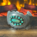 JS Signed Green Turquoise 13 Stone Sterling Hand Stamped Statement Cuff
