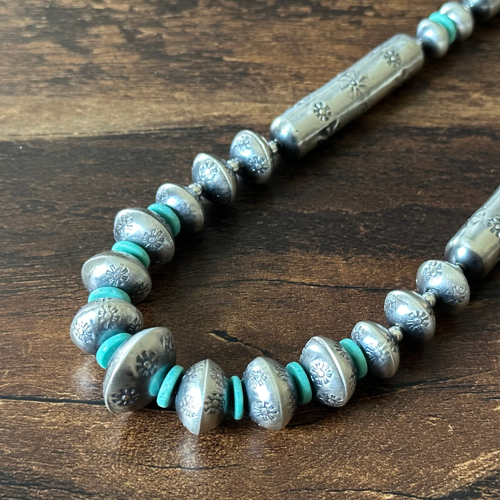 Navajo Tysha Aparicio Turquoise Sterling Handmade Floral Cylinder Bead Stamped Necklace Earrings Set