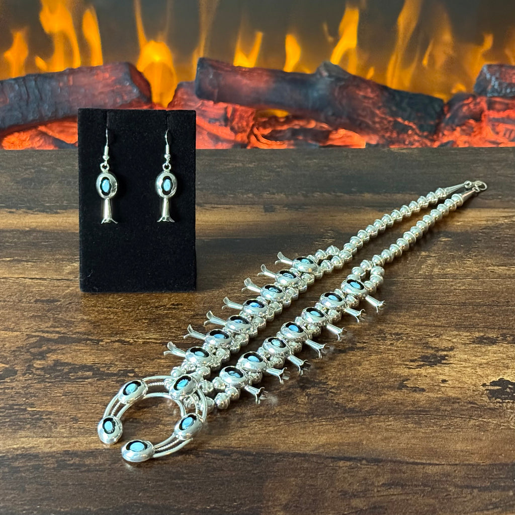 Navajo Phil & Lenora Garcia Golden Hills Turquoise 19 Stone Sterling Shadowbox Squash Blossom Necklace Earrings Set