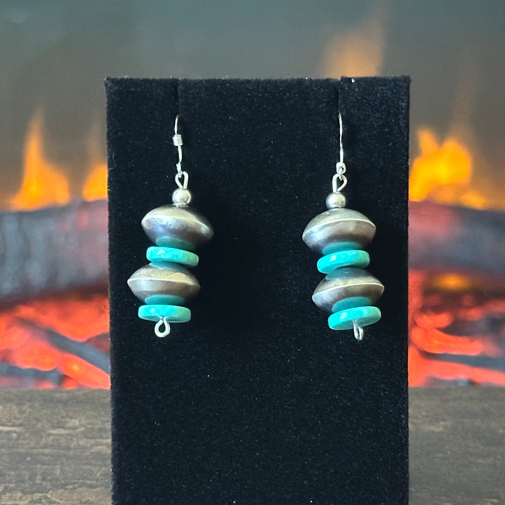 Navajo Tysha Aparicio Turquoise Sterling Handmade Cylinder Bead Stamped Necklace Earrings Set