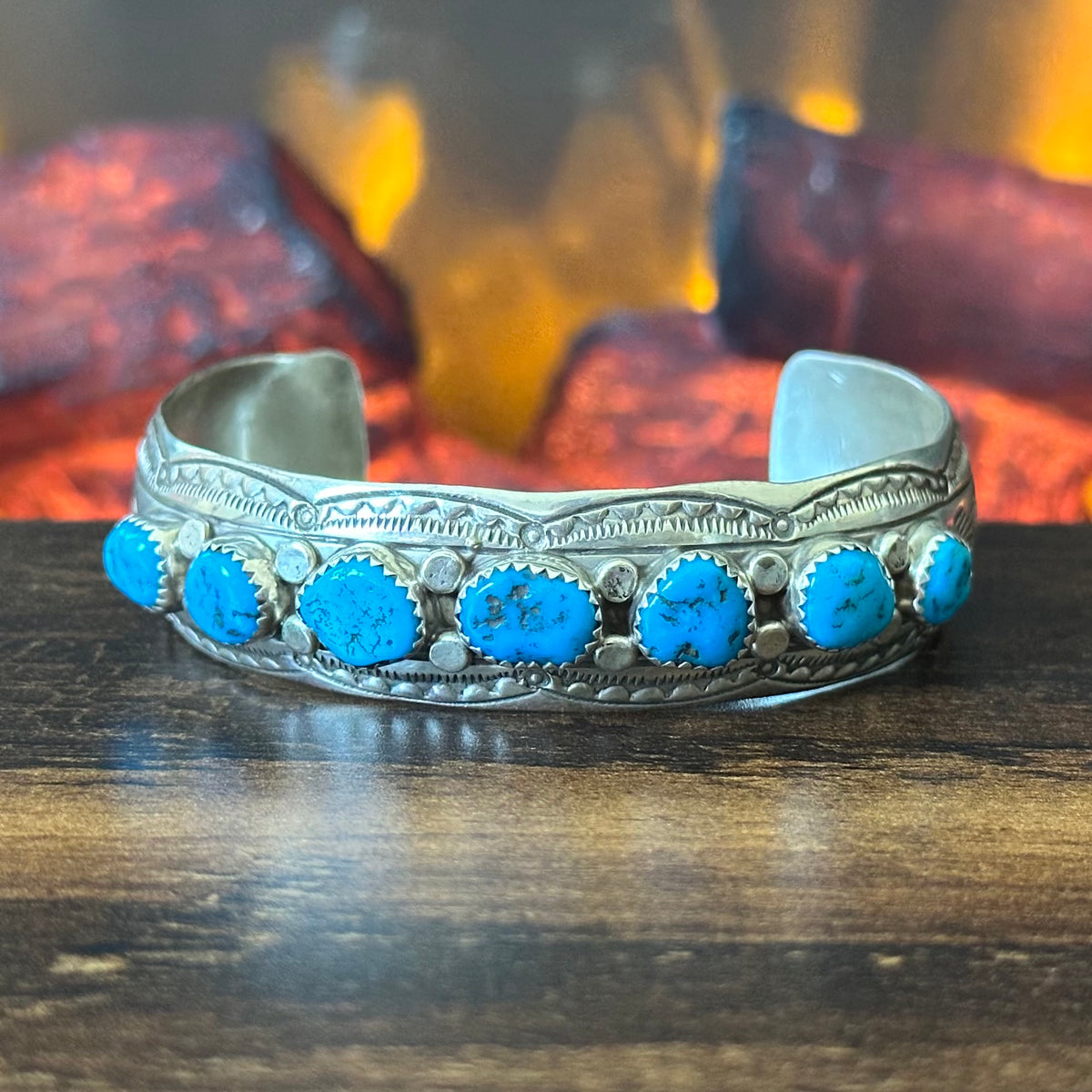 Navajo Wilbert Benally Turquoise 7 Stone Sterling Hand Stamped Raindrop Stacker Cuff