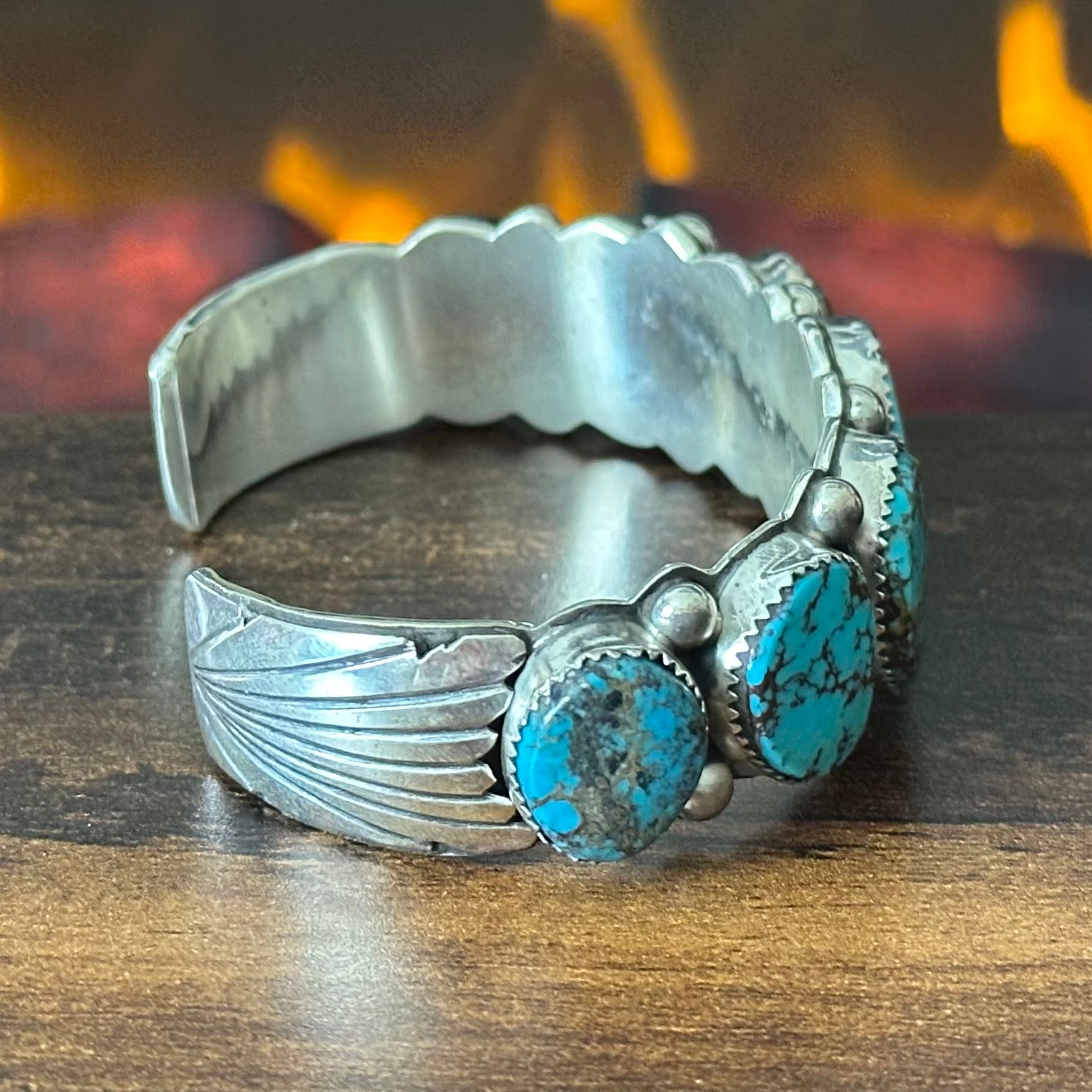 Navajo Wilbert Musket Sr. Turquoise 7 Stone Sterling Raindrop Statement Cuff