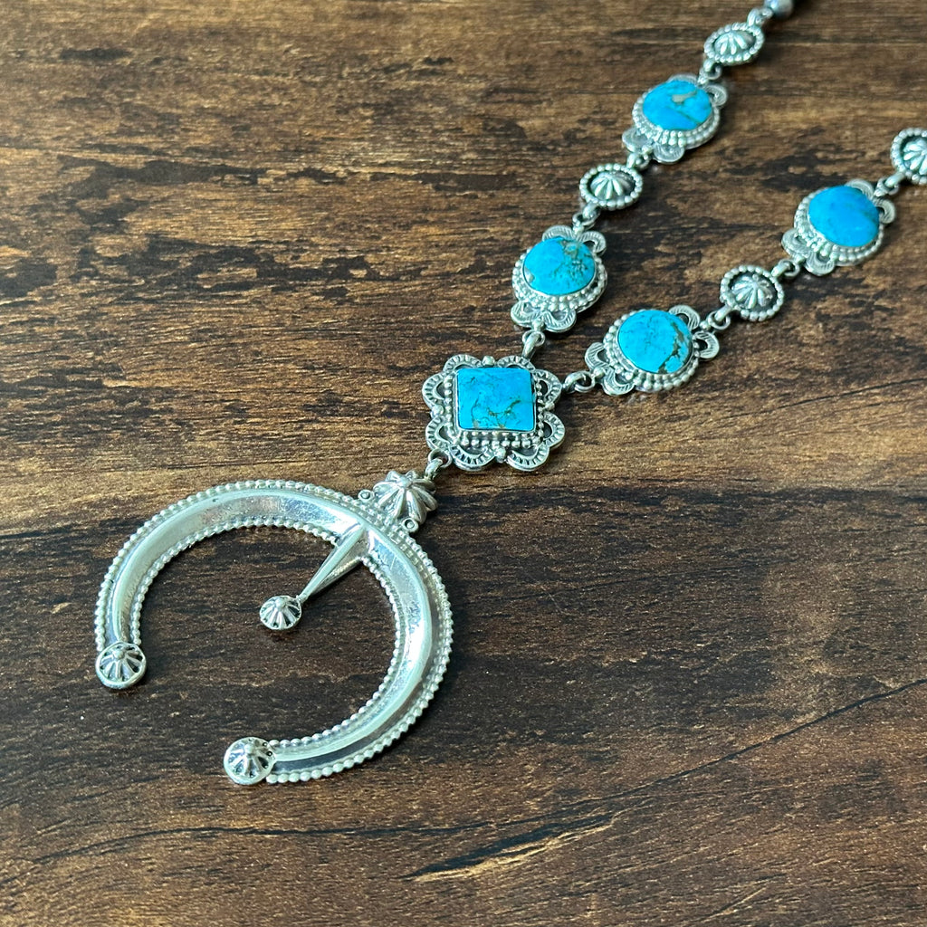 Running Bear Trading Turquoise 5 Stone Sterling Hand Stamped Naja Necklace