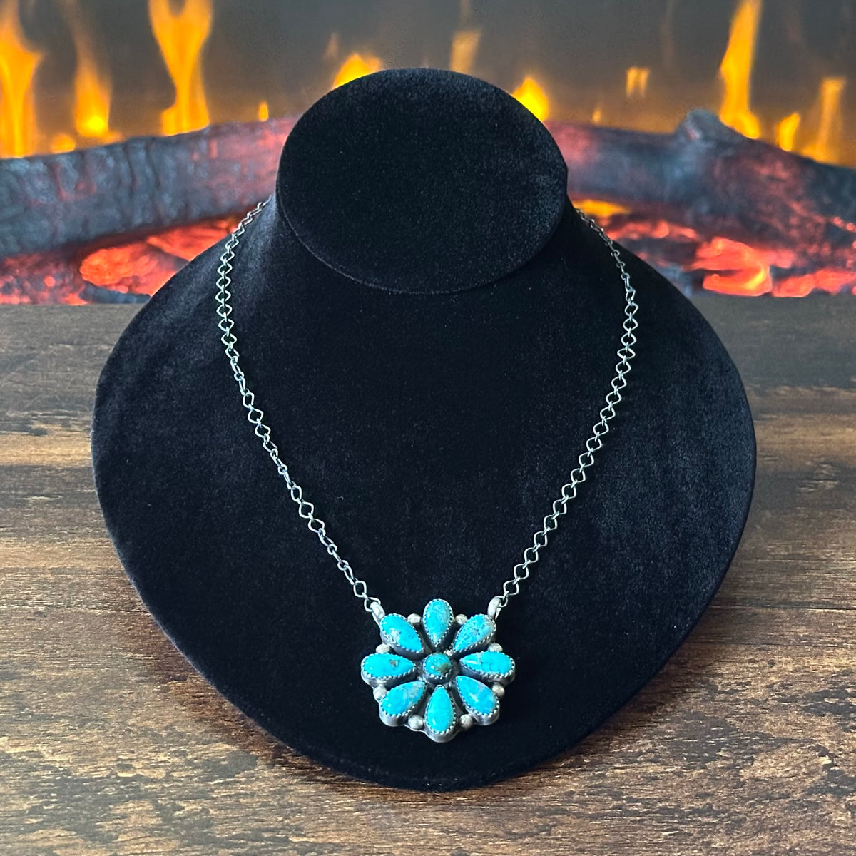 Navajo Tricia Smith Turquoise 9 Stone Sterling Floral Cluster Pendant Necklace