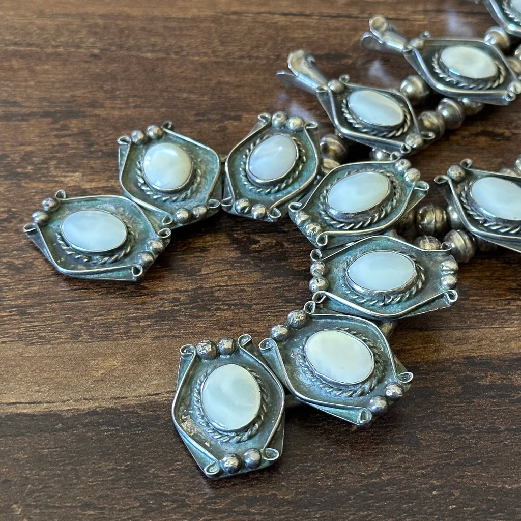 Vintage Mother of Pearl 17 Stone Sterling Twist Wire Raindrop Squash Blossom