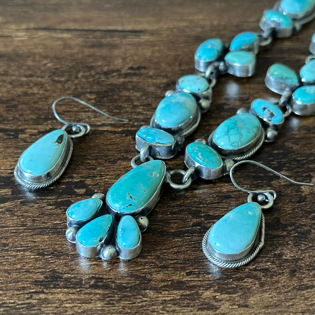 Navajo Kobe Martinez 28 Stone Carico Lake Turquoise Sterling Cluster Lariat Necklace Earrings Set