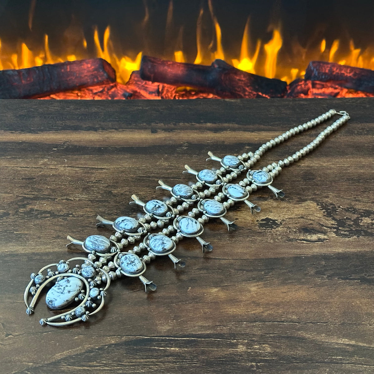 Navajo Ray Delgarito White Buffalo 18 Stone Sterling Raindrop Squash Blossom Necklace