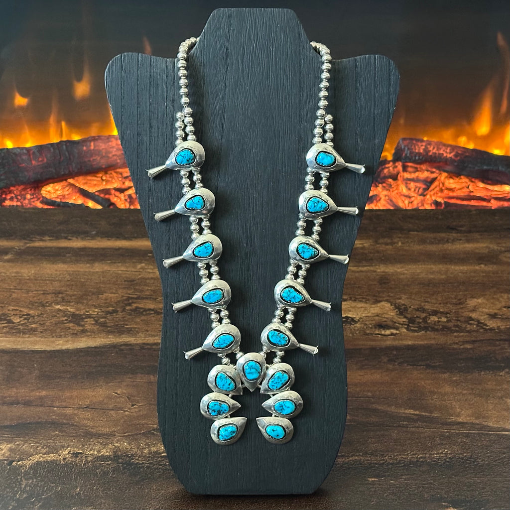 Turquoise 17 Stone Sterling Shadowbox Hand Stamped Squash Blossom