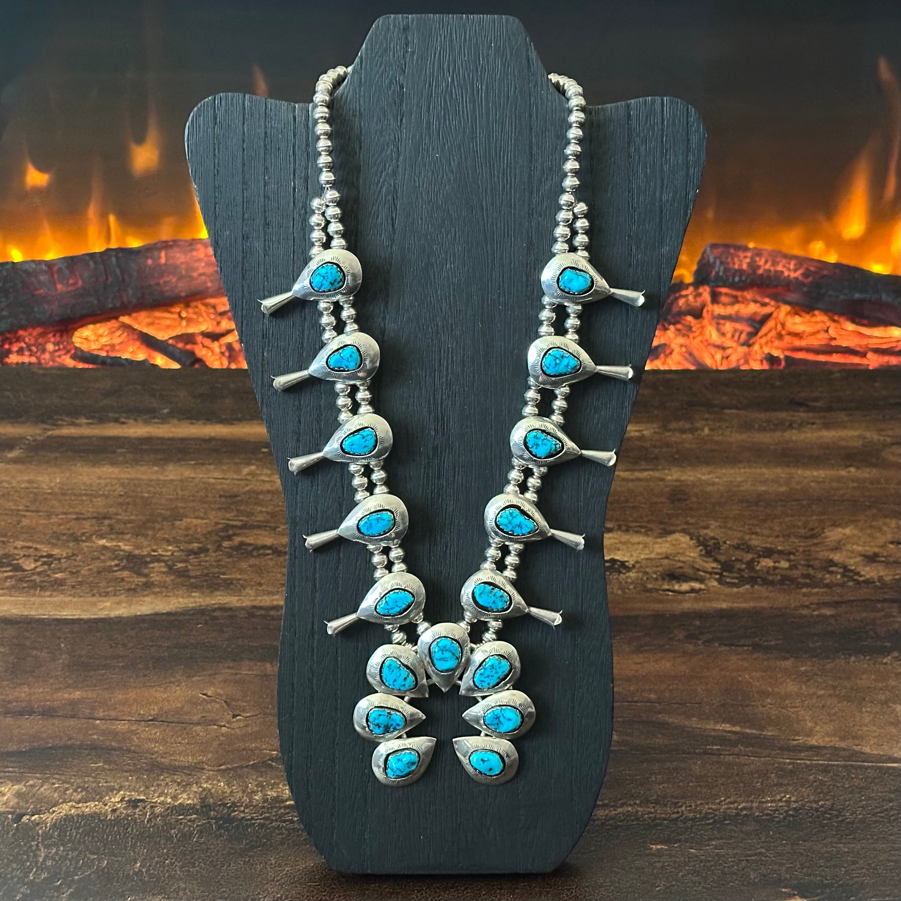 Turquoise 17 Stone Sterling Shadowbox Hand Stamped Squash Blossom