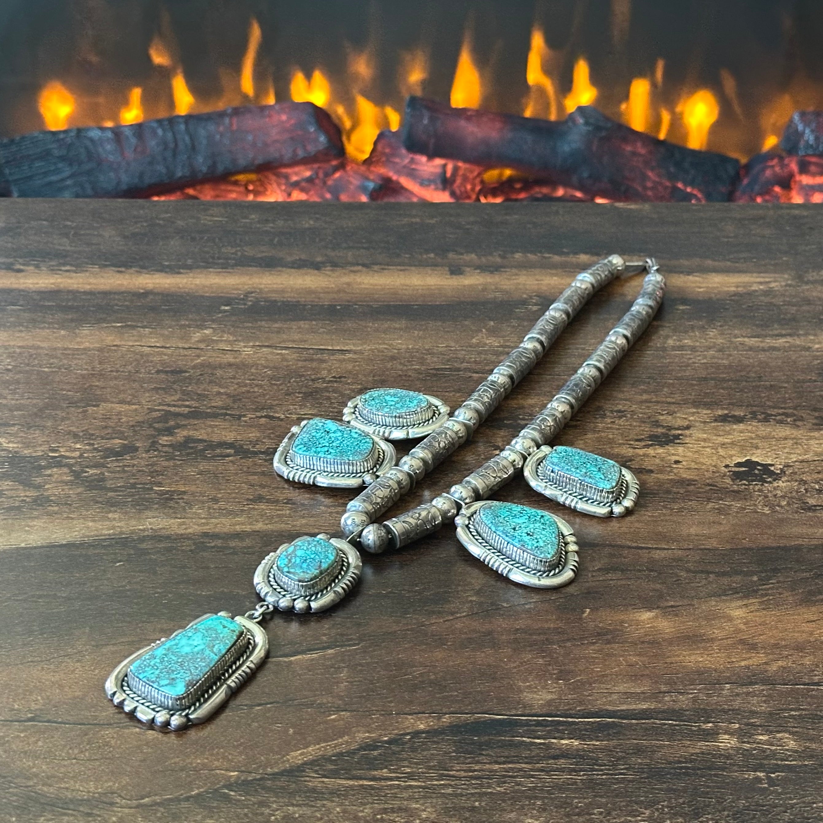Navajo Tom Willeto Webbed Turquoise 6 Stone Sterling Handmade Stamped Cylinder Bead Statement Necklace