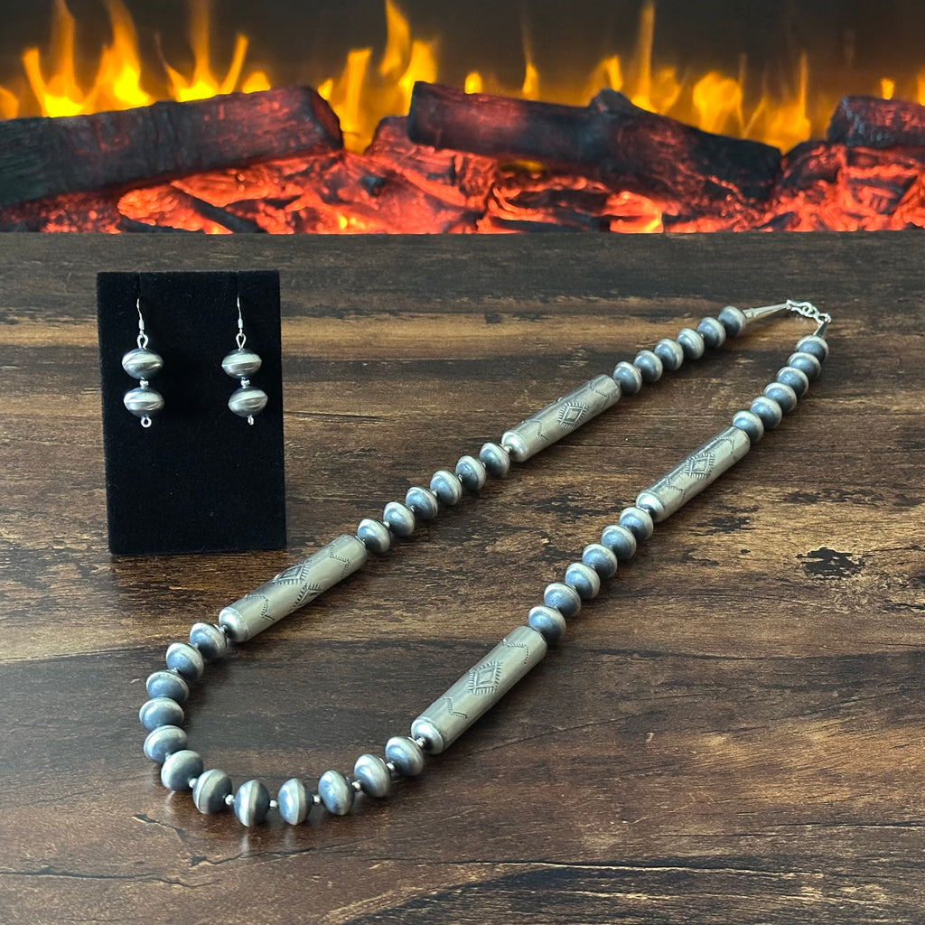 Navajo Sharon Cooley Sterling Handmade Stamped Cylinder Bead Necklace Earrings Set