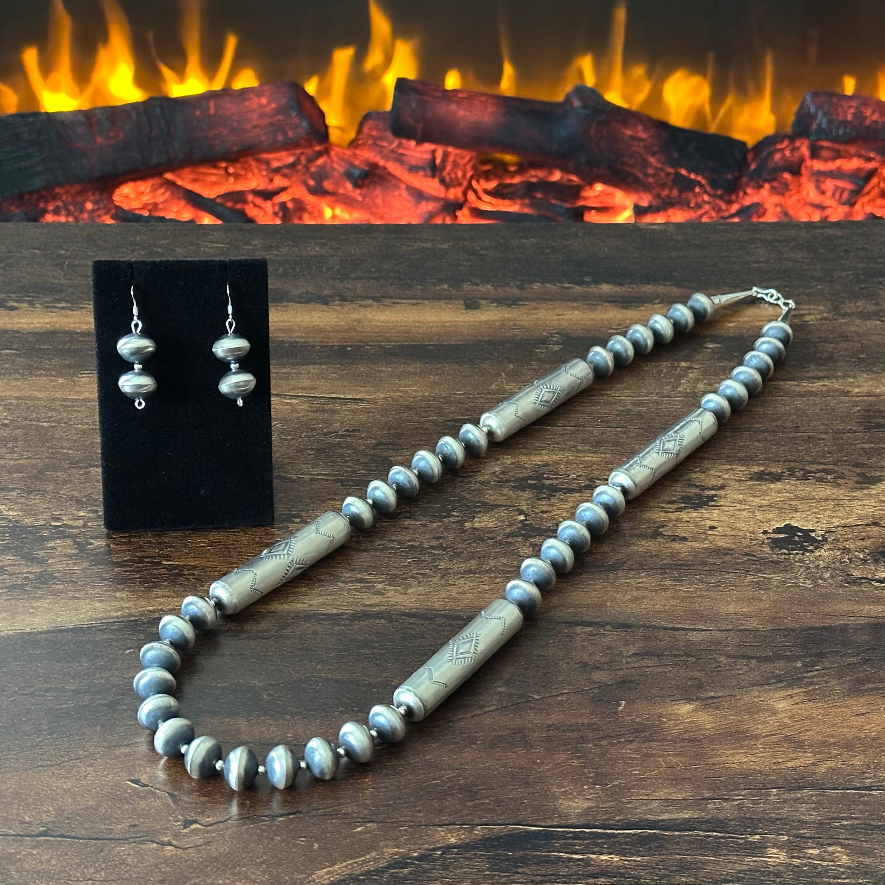 Navajo Sharon Cooley Sterling Handmade Stamped Cylinder Bead Necklace Earrings Set