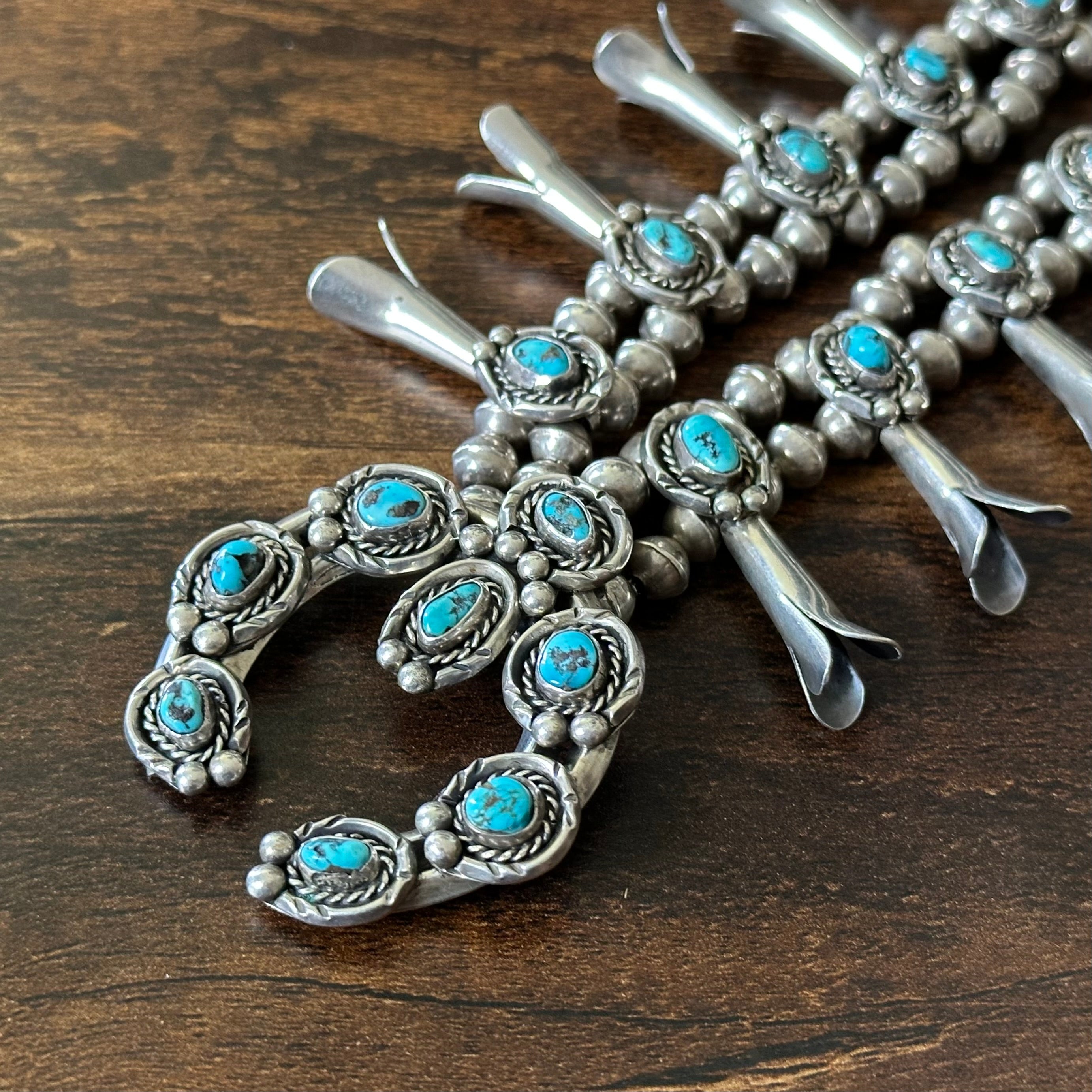 Turquoise 20 Stone Sterling Handmade Bead Twist Wire Bezel Squash Blossom